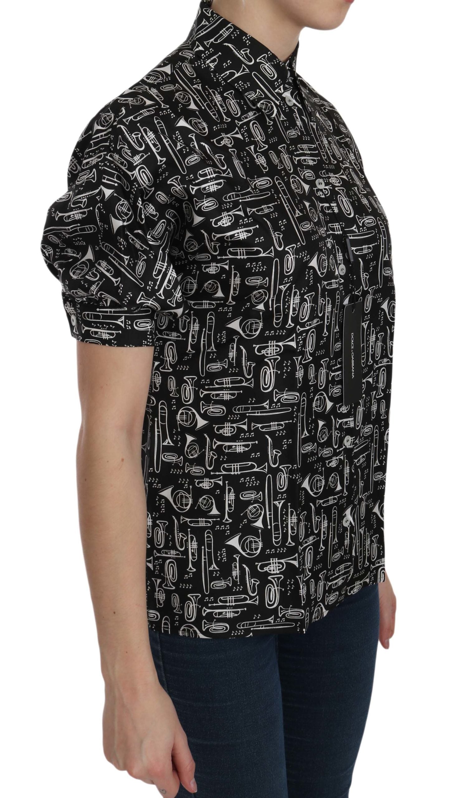 Zwarte blouse met muziekinstrumentkraag