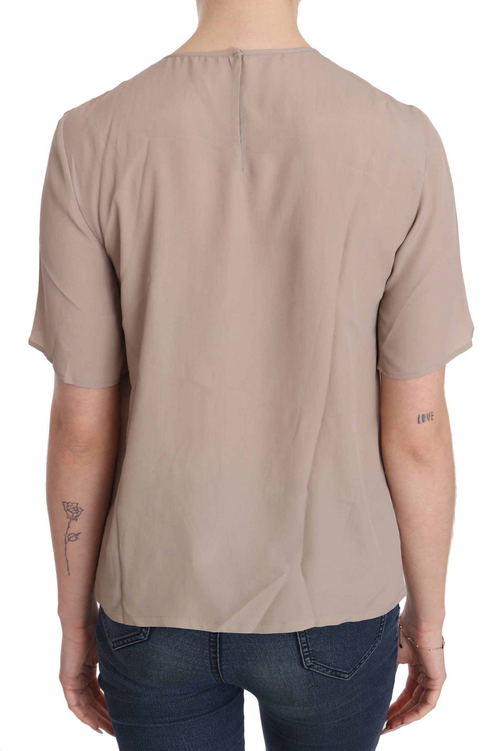 Beige blouse met ronde hals en korte mouwen