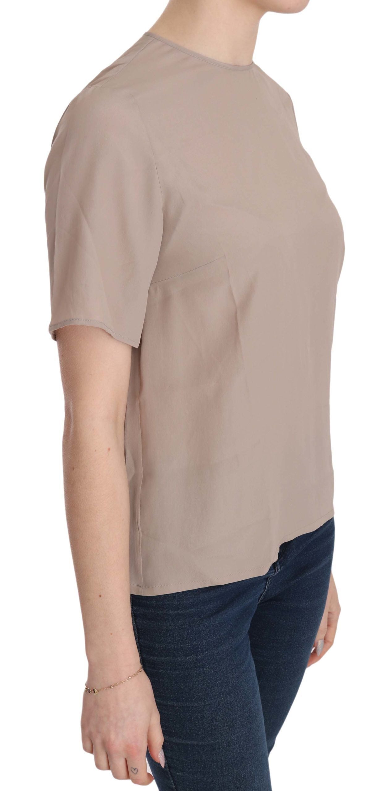 Beige blouse met ronde hals en korte mouwen