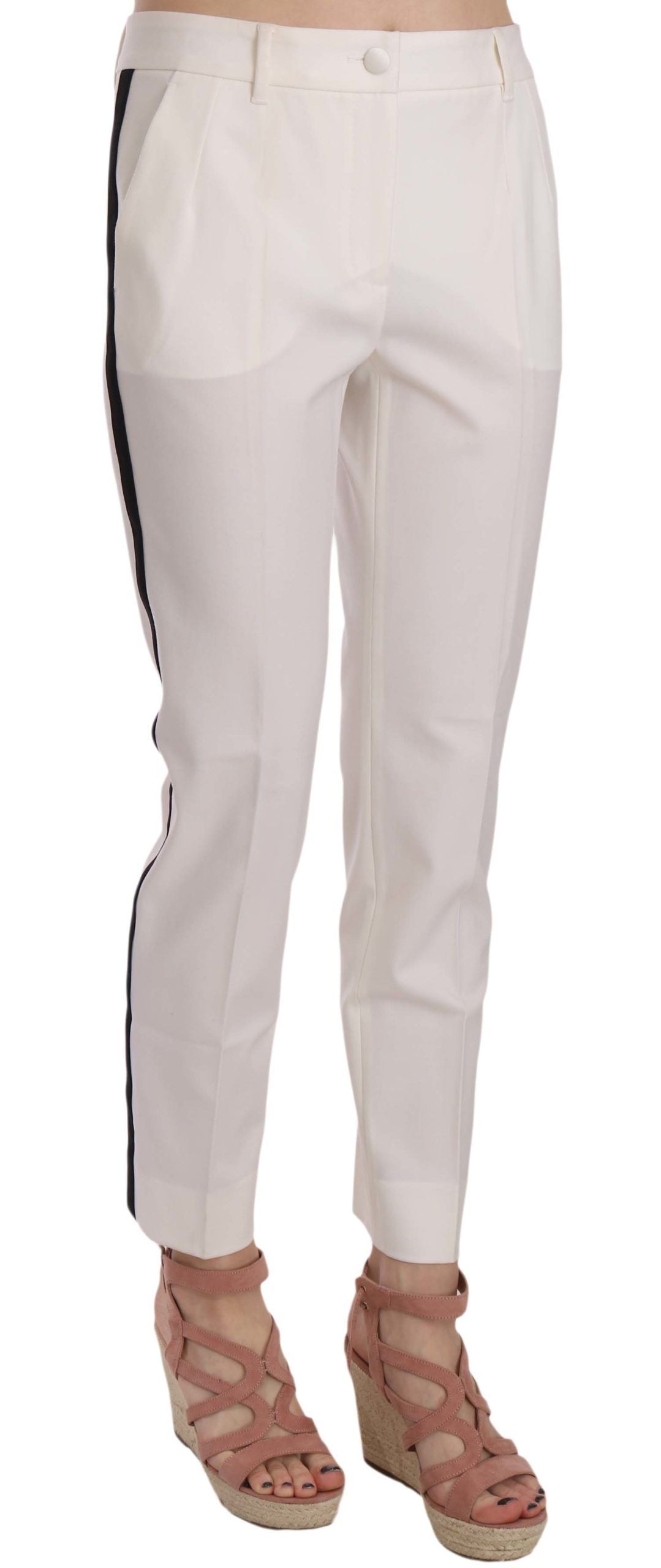 Witte wollen taps toelopende broek met zijstreep