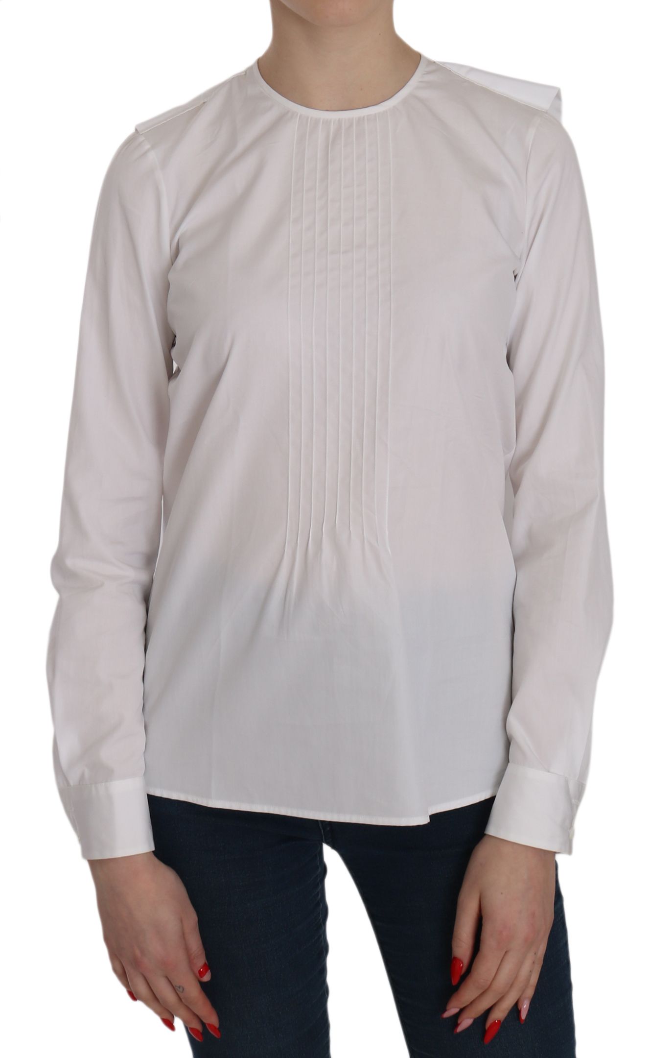 Witte katoenen blouse met ronde hals en lange mouwen