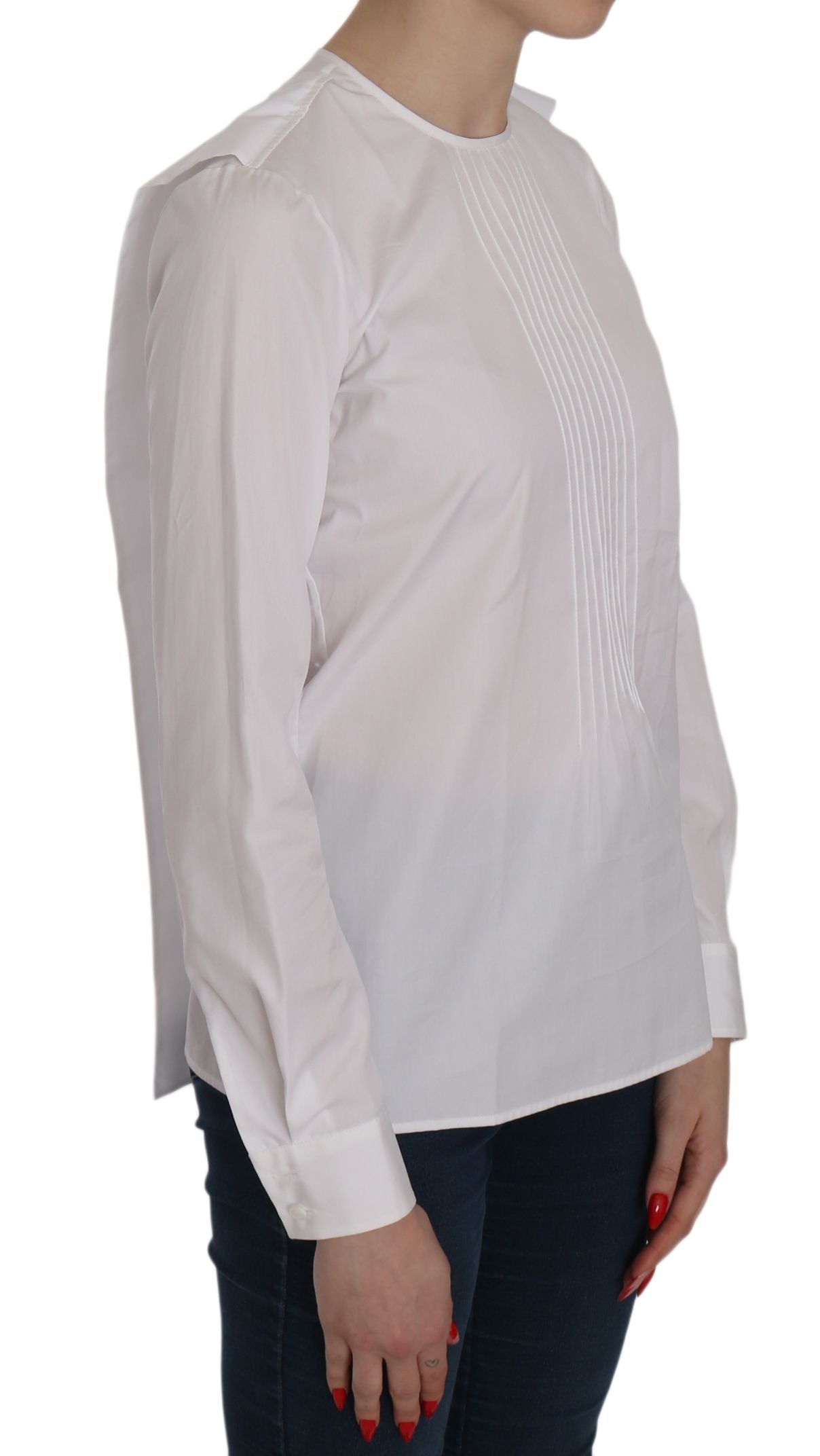 Witte katoenen blouse met ronde hals en lange mouwen