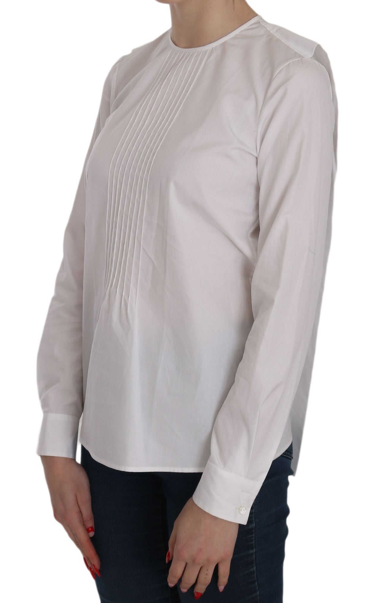 Witte katoenen blouse met ronde hals en lange mouwen