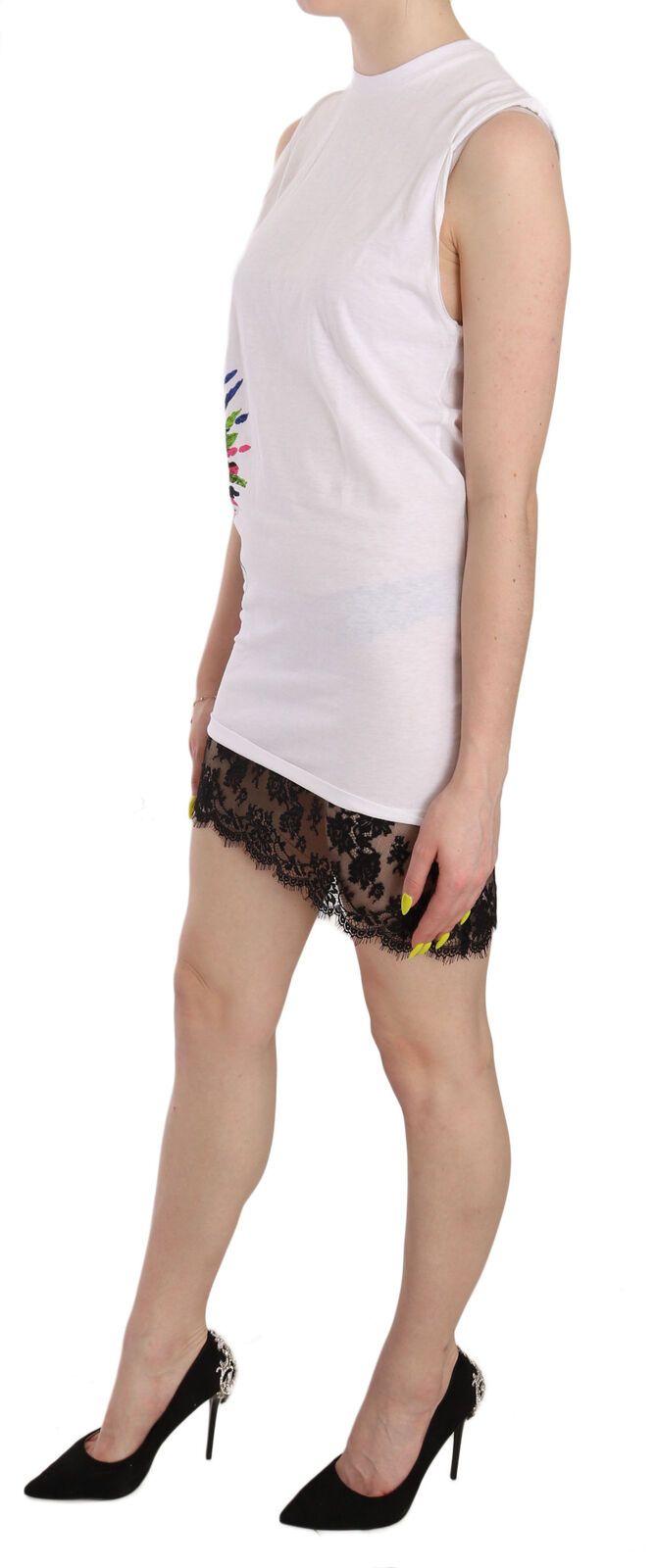 Witte bedrukte ronde hals mouwloze bodycon mini-jurk