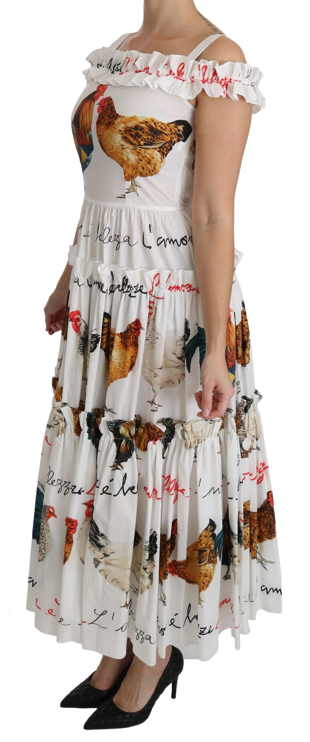 Witte Rooster Schede Midi Katoenen Jurk