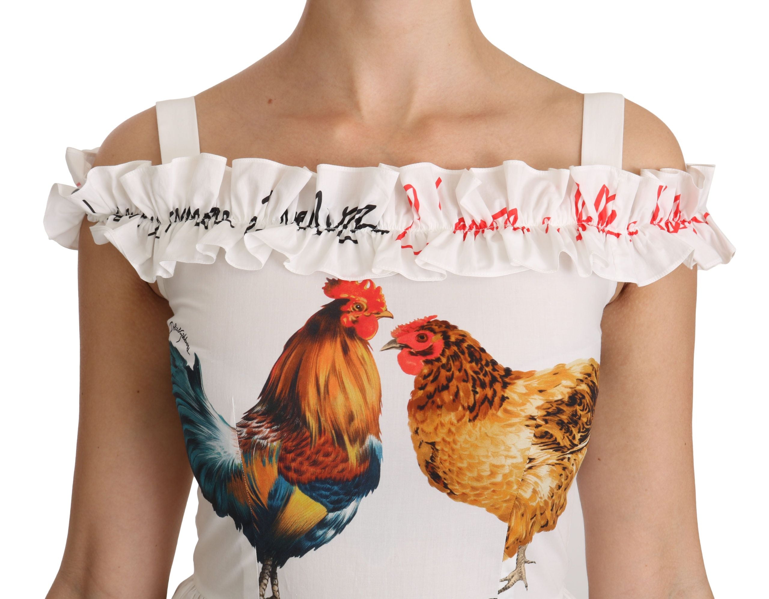 Witte Rooster Schede Midi Katoenen Jurk