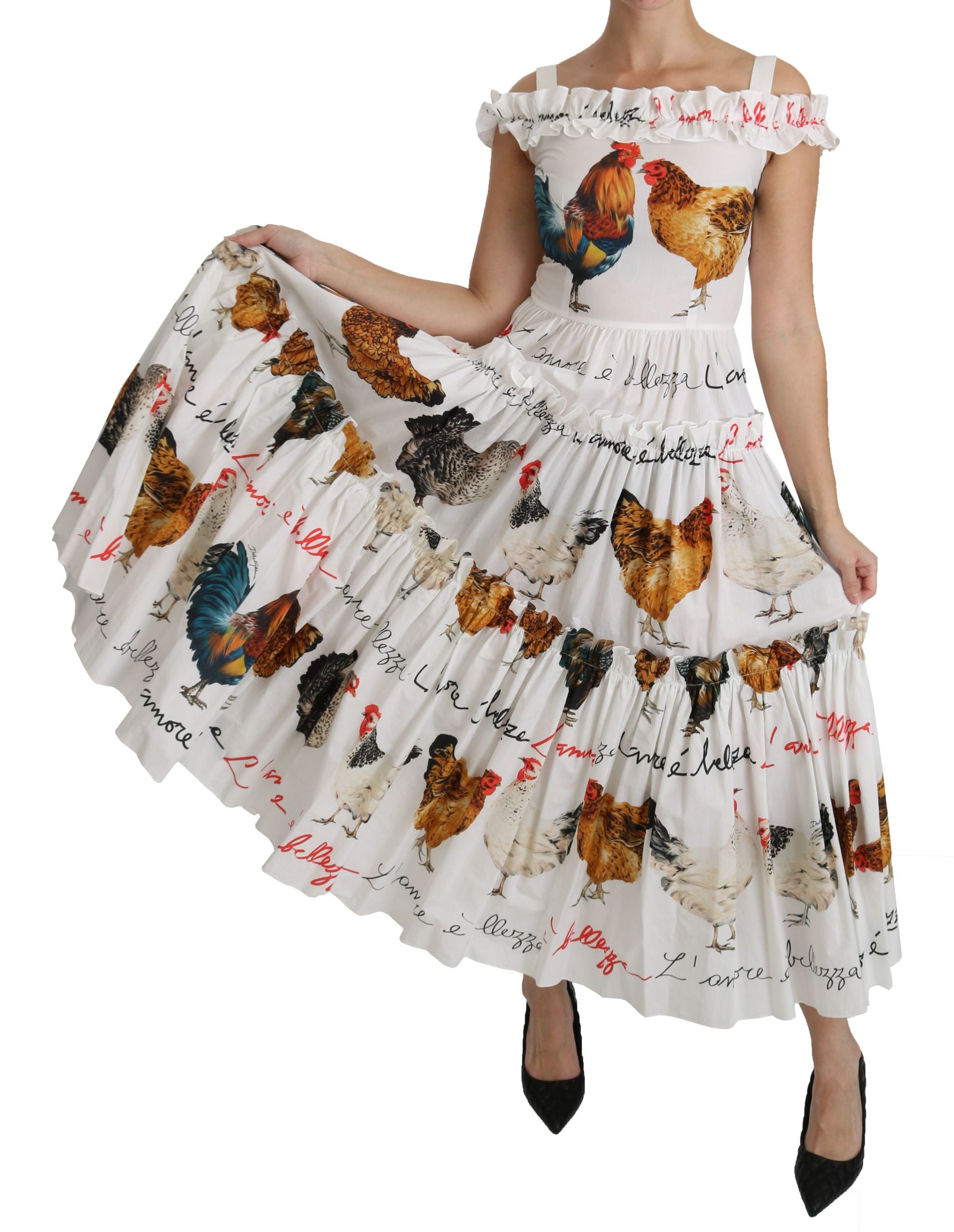 Witte Rooster Schede Midi Katoenen Jurk
