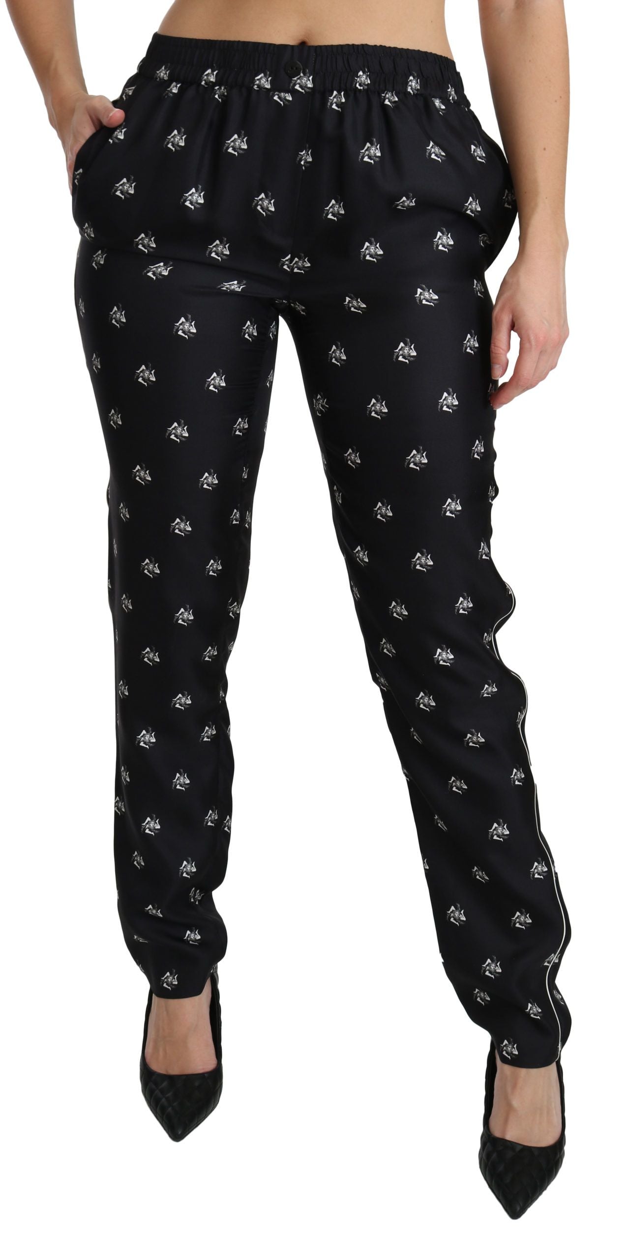 Zwarte bedrukte, middelhoge skinny zijden broek
