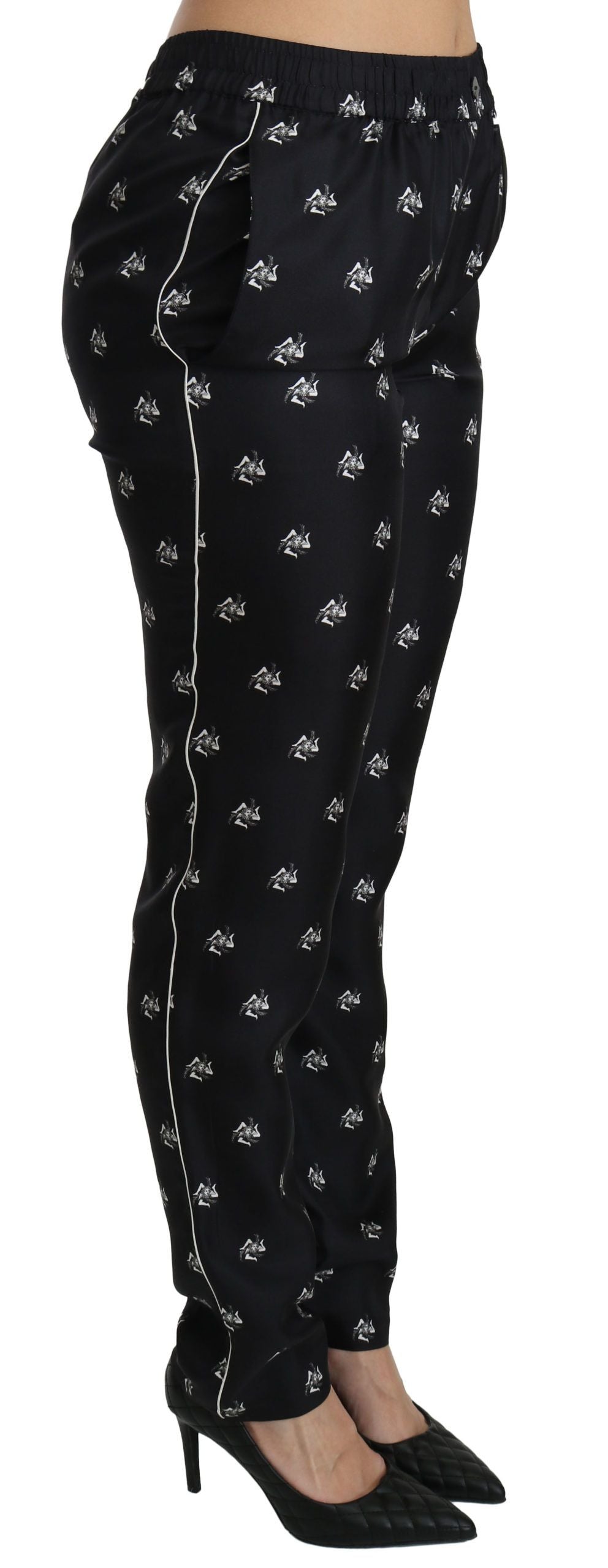Zwarte bedrukte, middelhoge skinny zijden broek