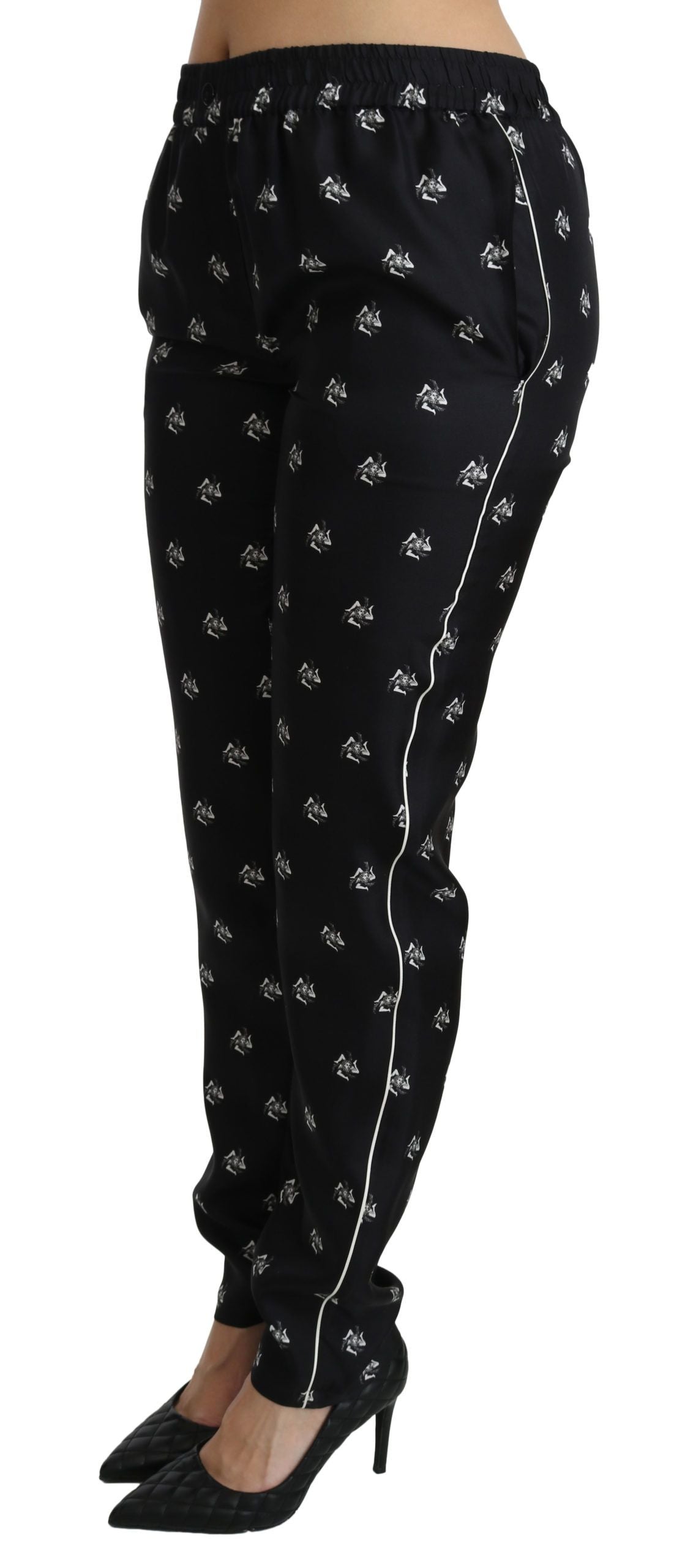 Zwarte bedrukte, middelhoge skinny zijden broek