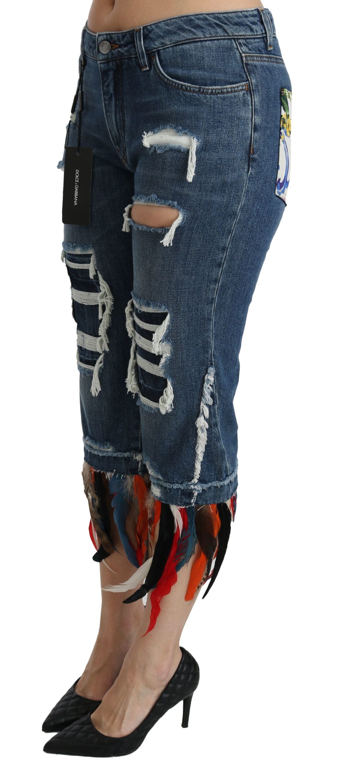 Blauwe veren lage taille cropped katoenen jeans