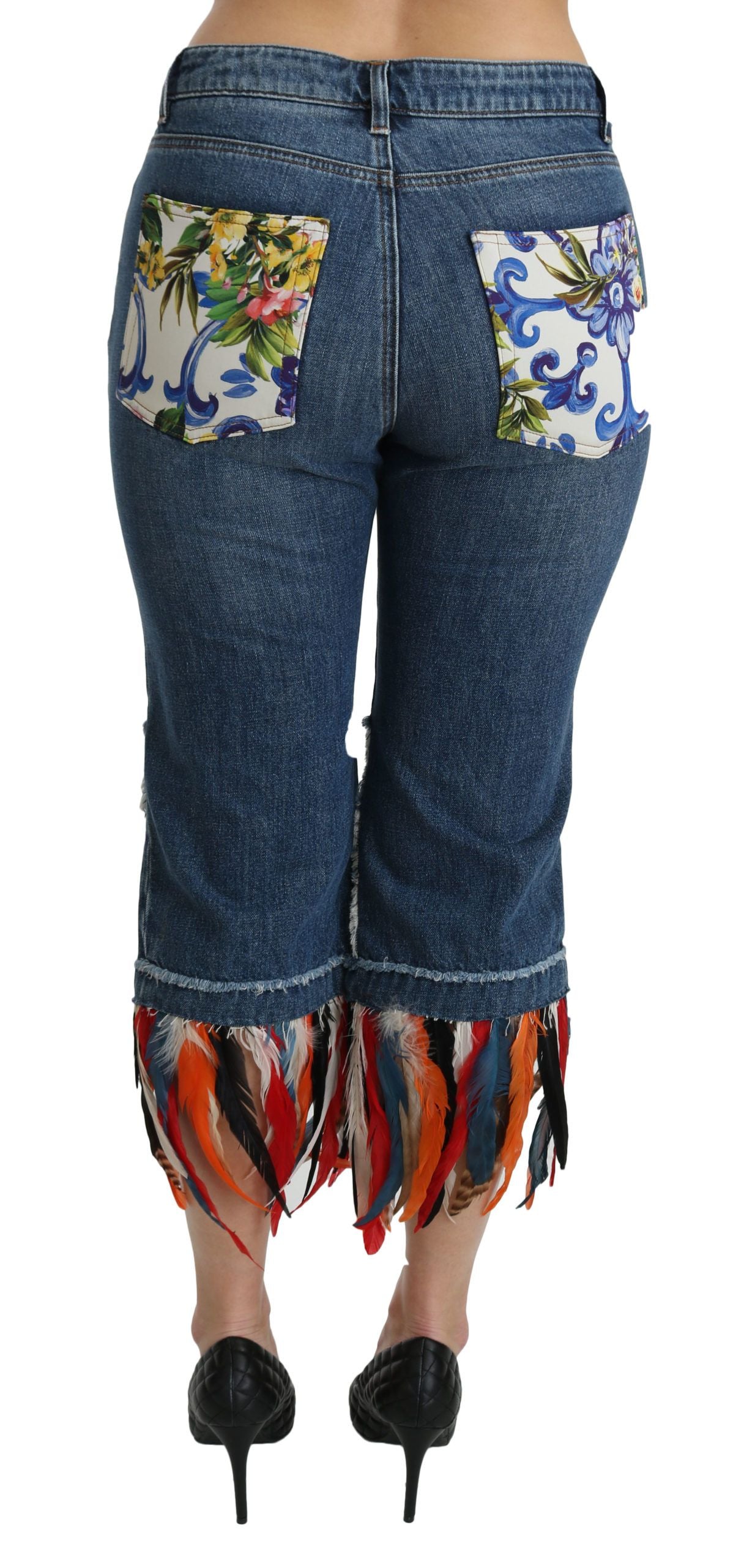 Blauwe veren lage taille cropped katoenen jeans
