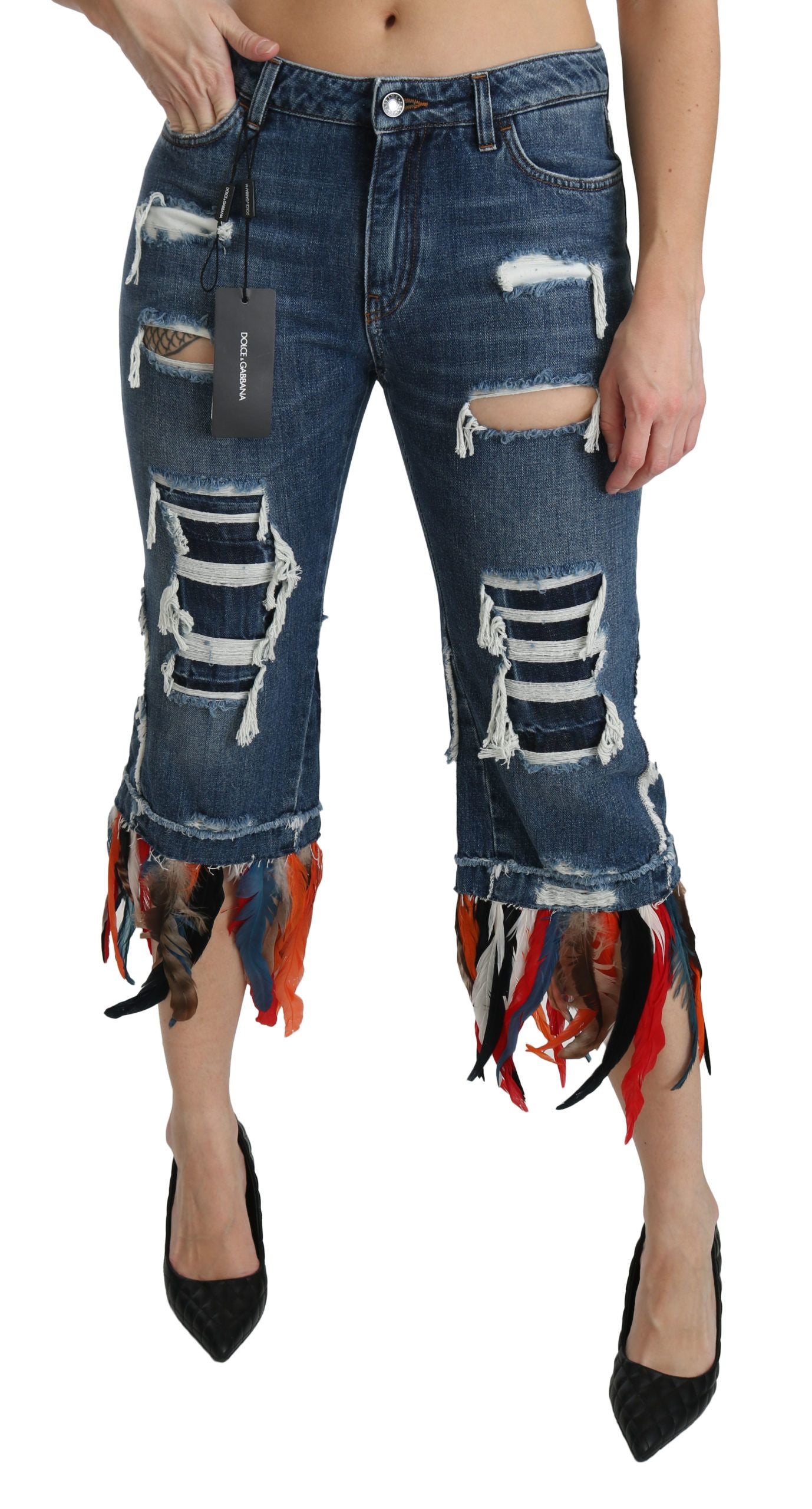 Blauwe veren lage taille cropped katoenen jeans