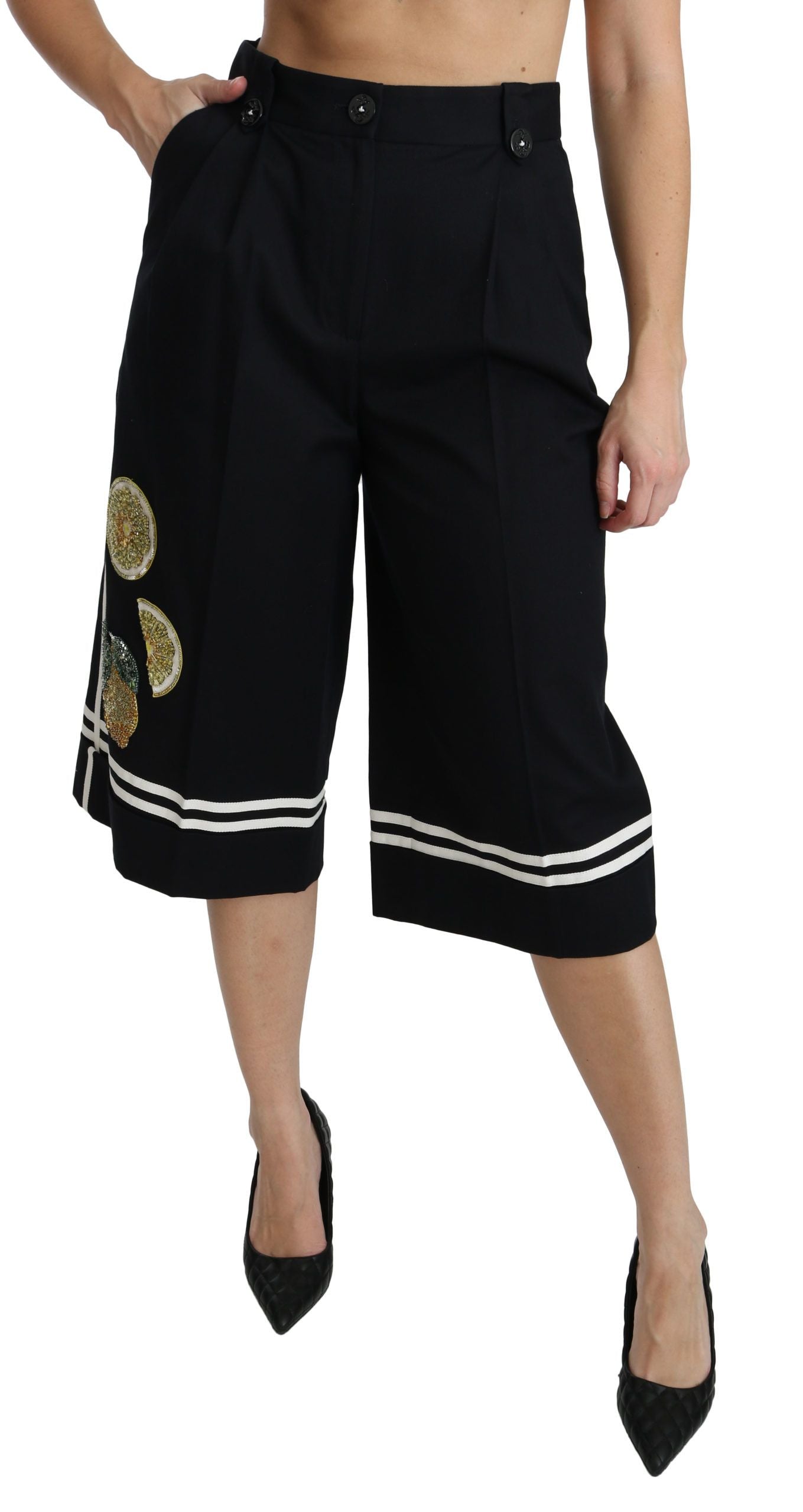 Zwarte, met citroen versierde Palazzo cropped broek