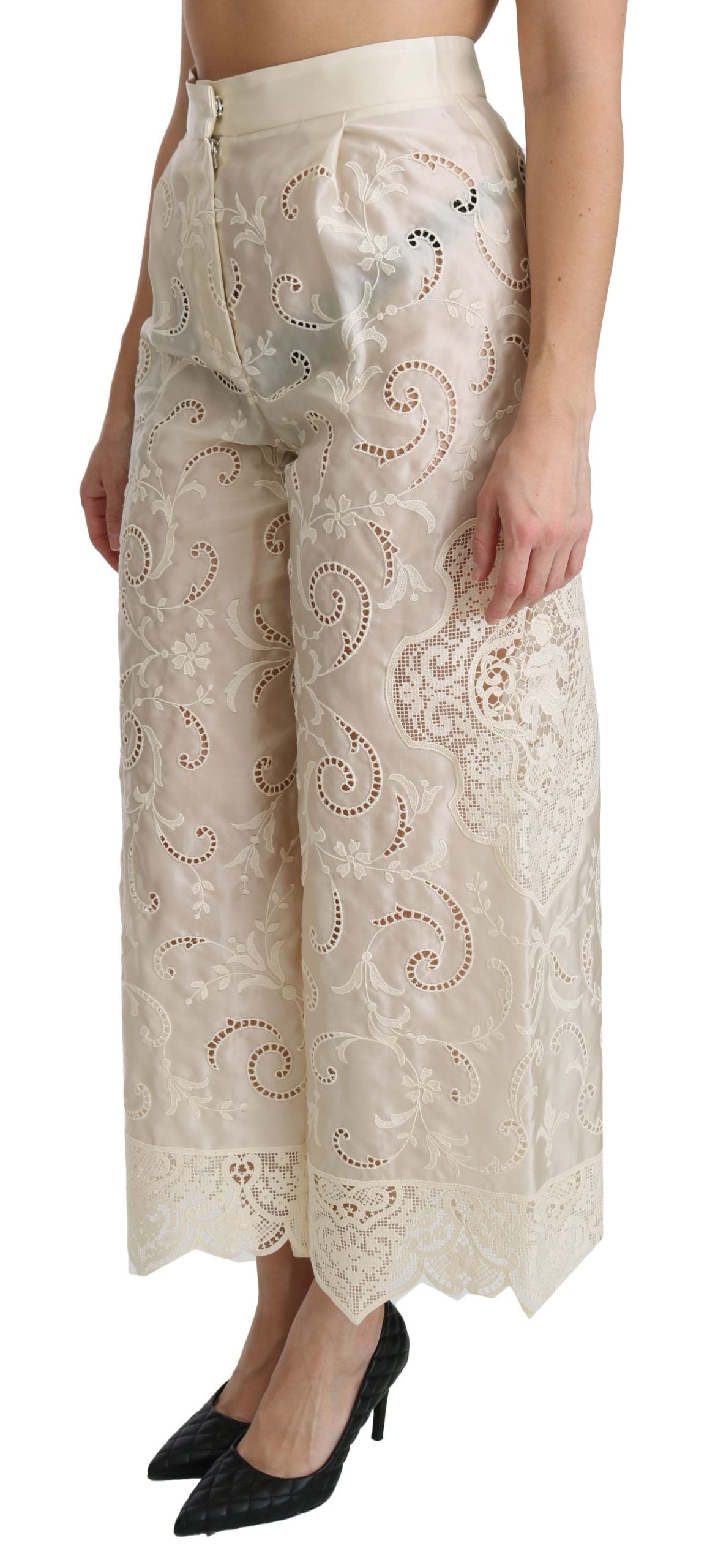 Crèmekleurige kanten hoge taille Palazzo cropped broek