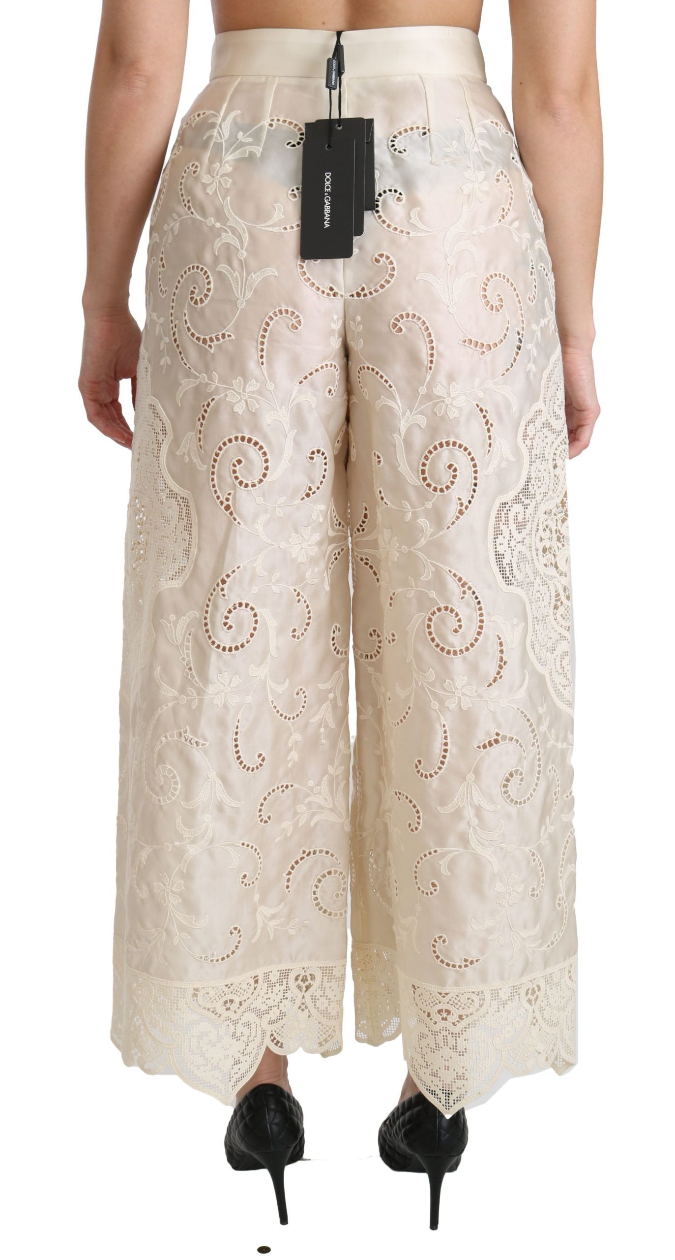 Crèmekleurige kanten hoge taille Palazzo cropped broek