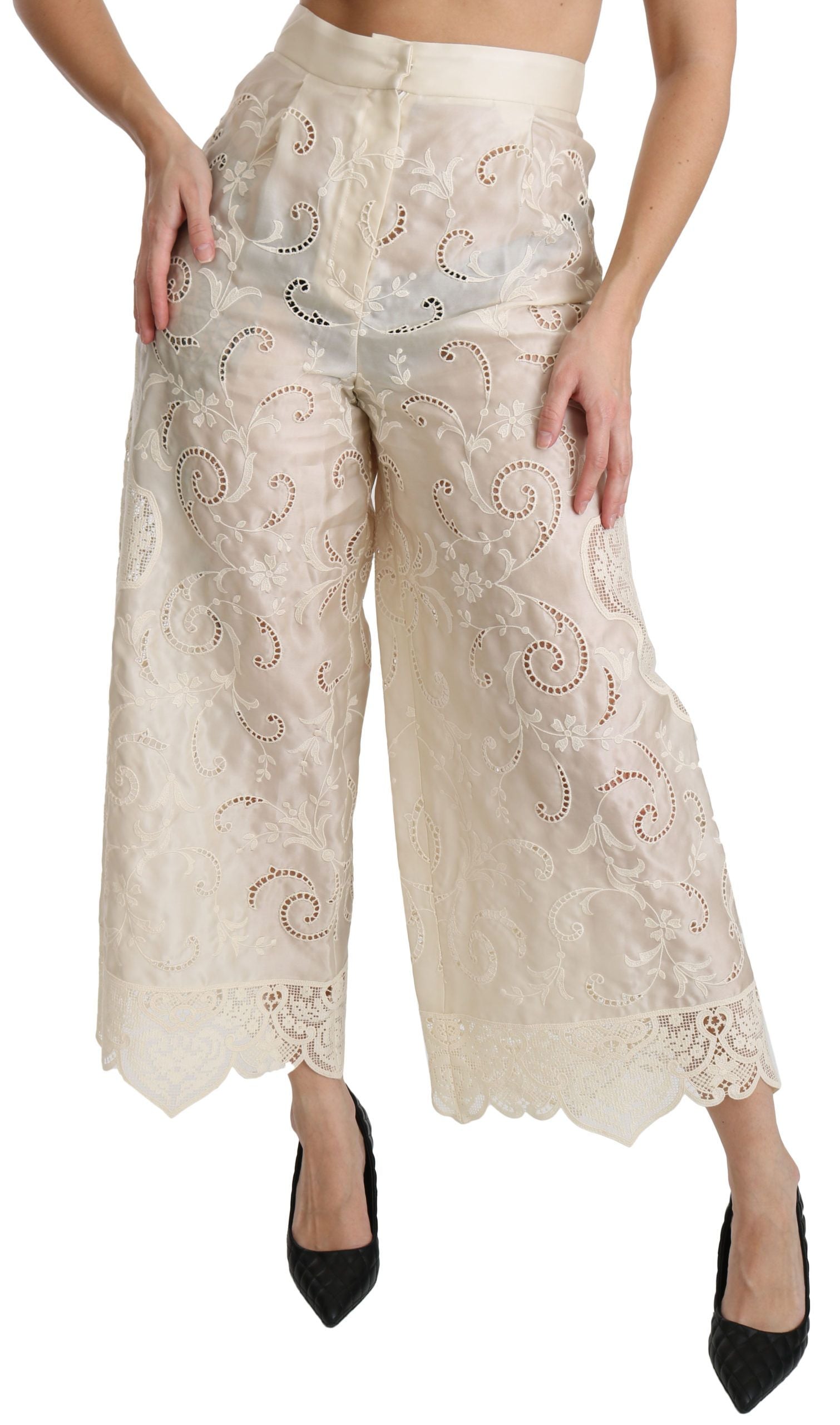 Crèmekleurige kanten hoge taille Palazzo cropped broek