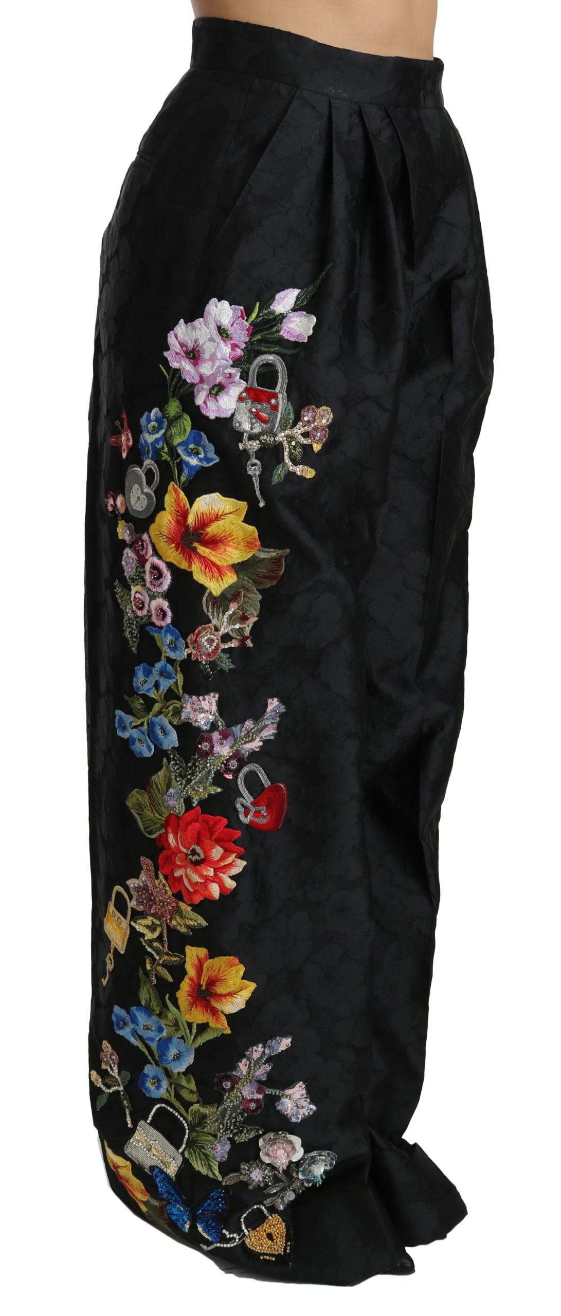 Zwarte brokaat bloemen pailletten kralen broek