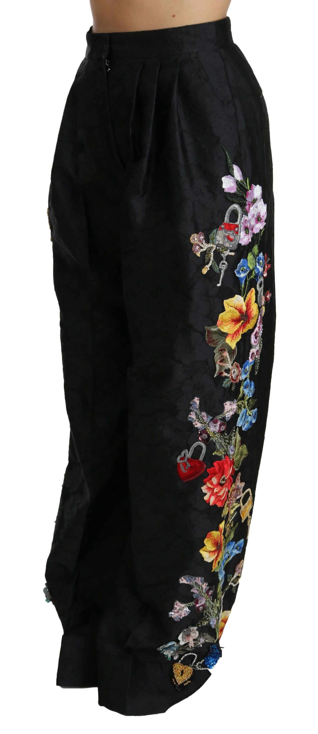 Zwarte brokaat bloemen pailletten kralen broek