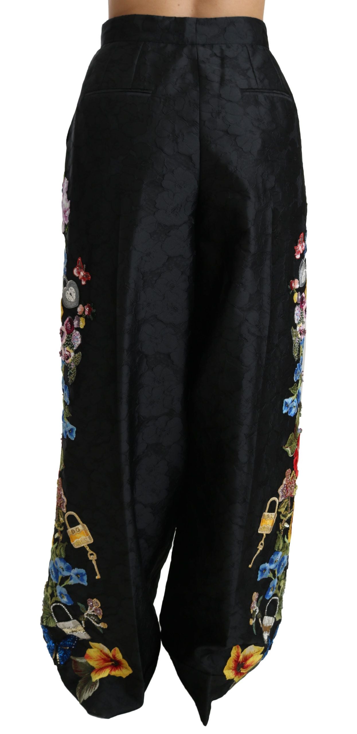 Zwarte brokaat bloemen pailletten kralen broek