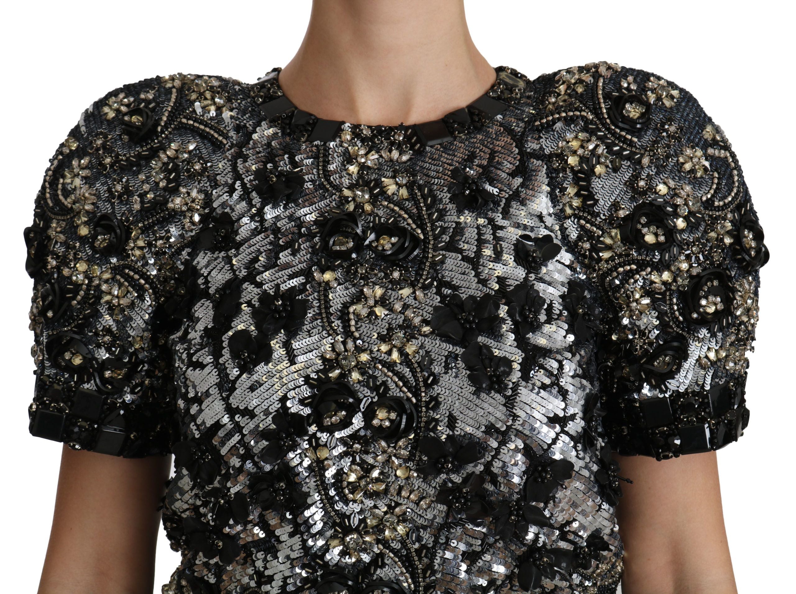 Zwarte blouse met pailletten en kristallen versiering