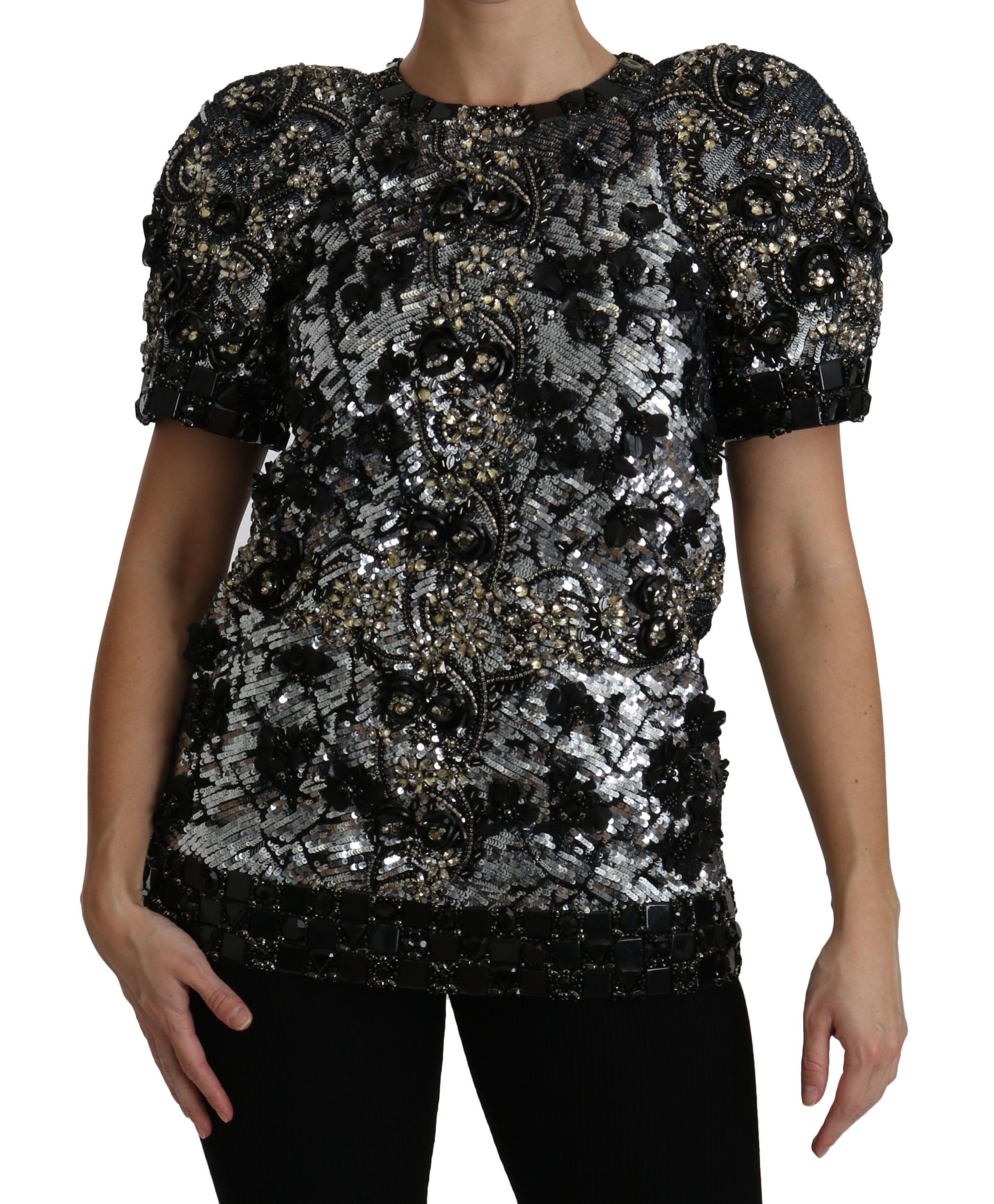 Zwarte blouse met pailletten en kristallen versiering