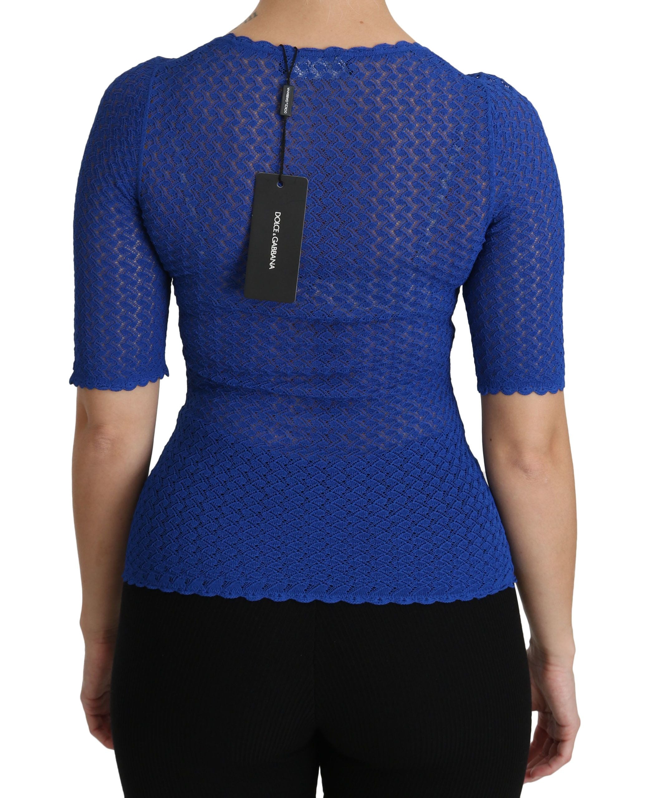 Blauwe doorschijnende top met ronde hals en viscose blouse