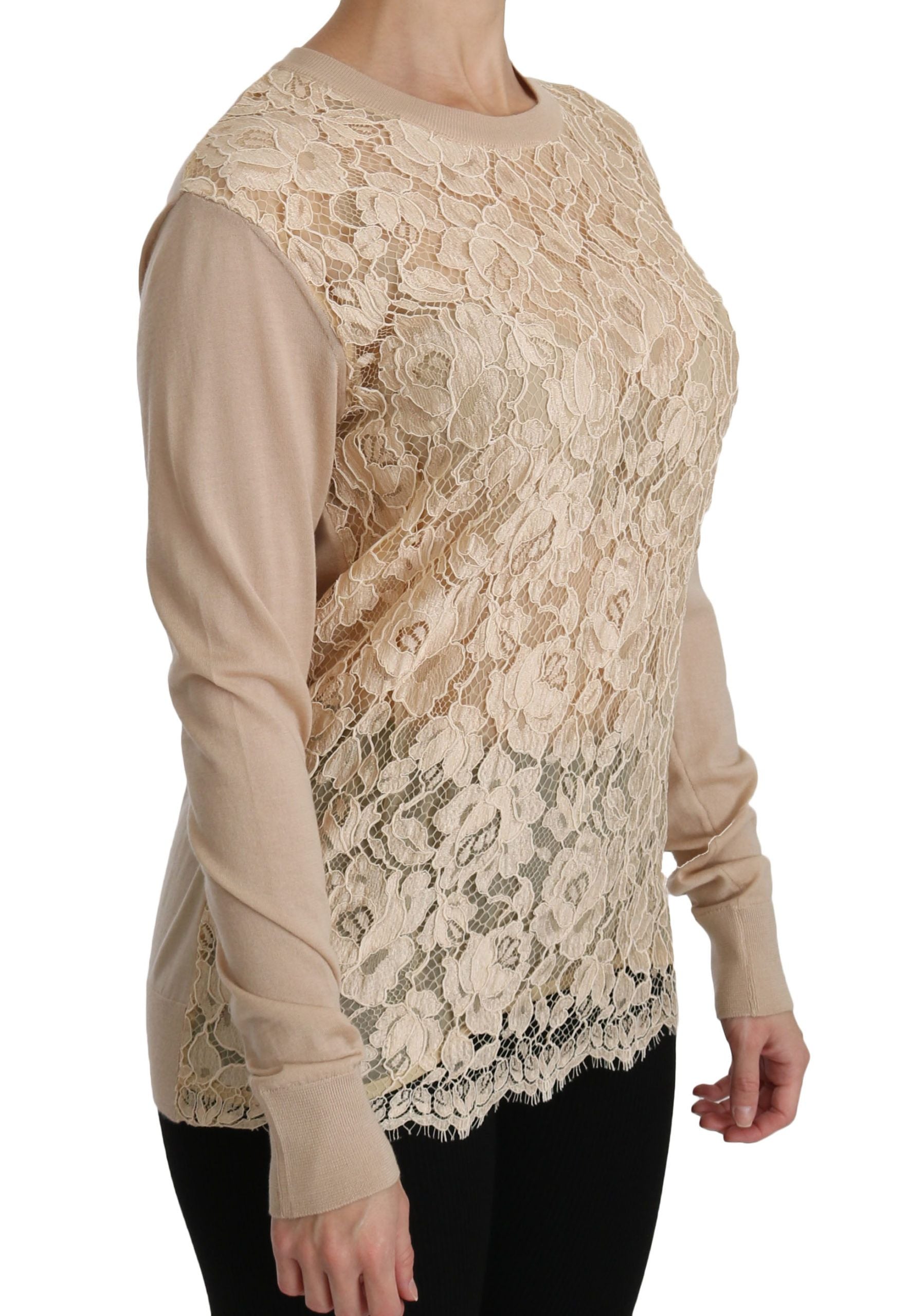 Beige kanten top met lange mouwen en kasjmier blouse