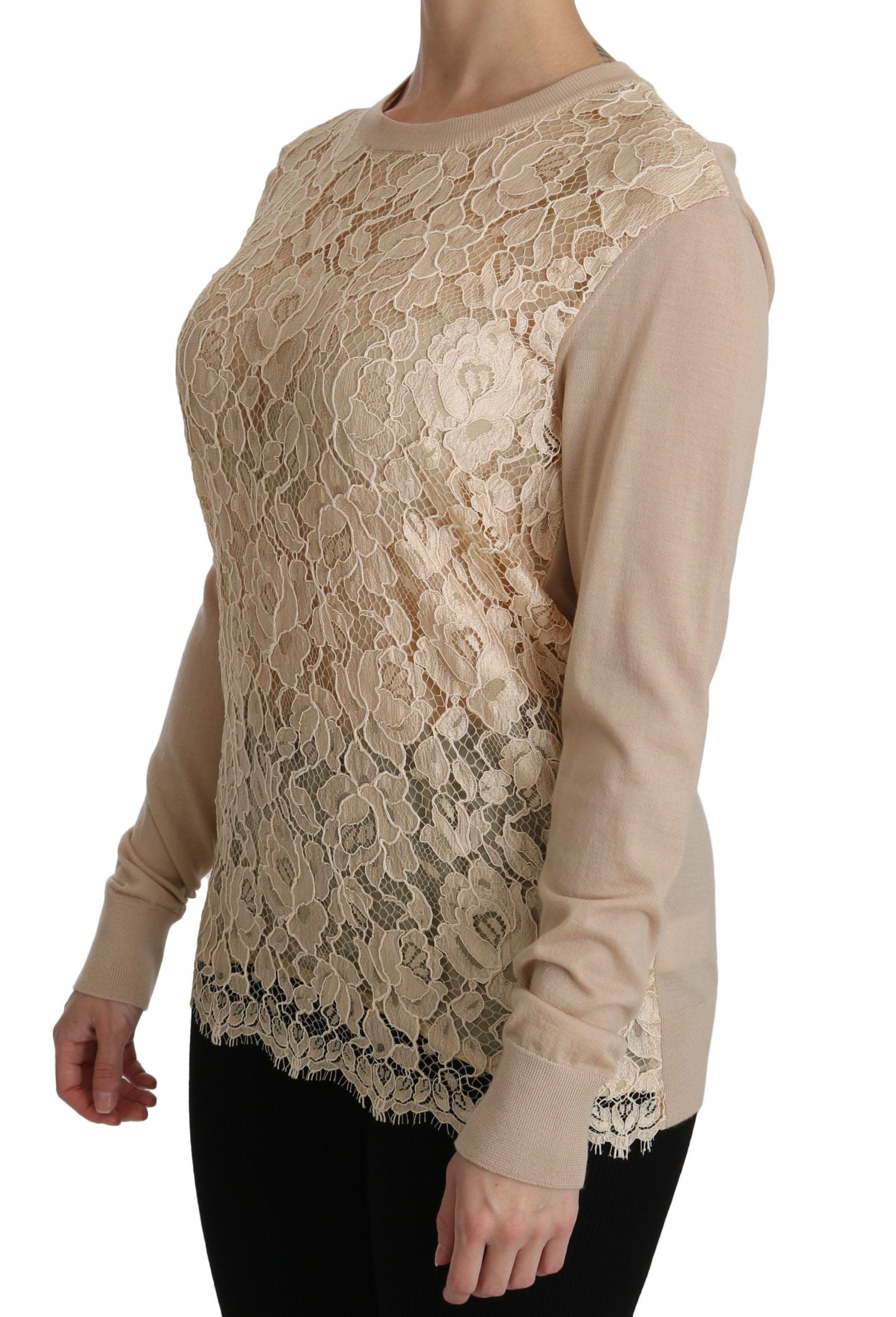 Beige kanten top met lange mouwen en kasjmier blouse
