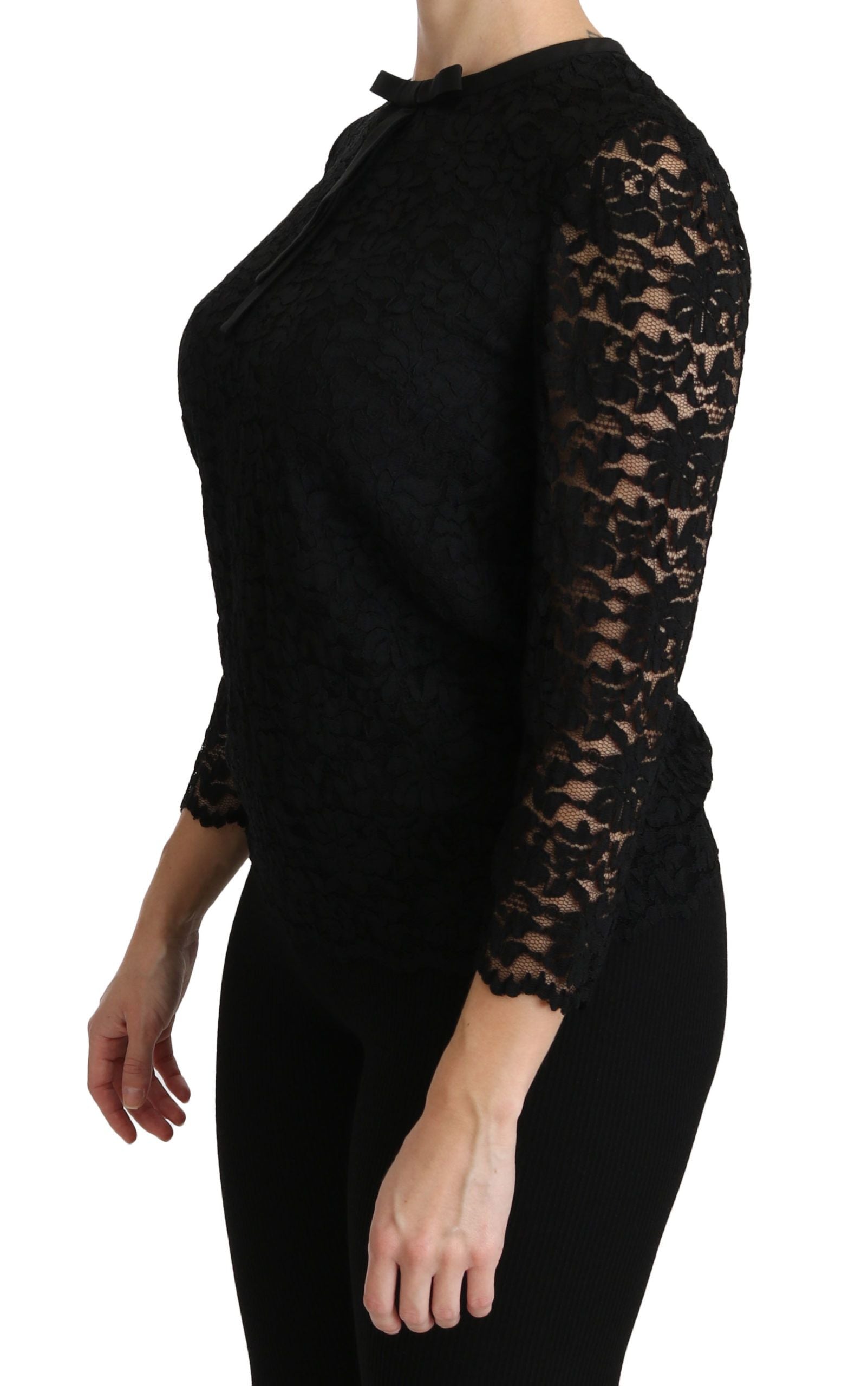 Zwarte kanten blouse met lange mouwen van nylon