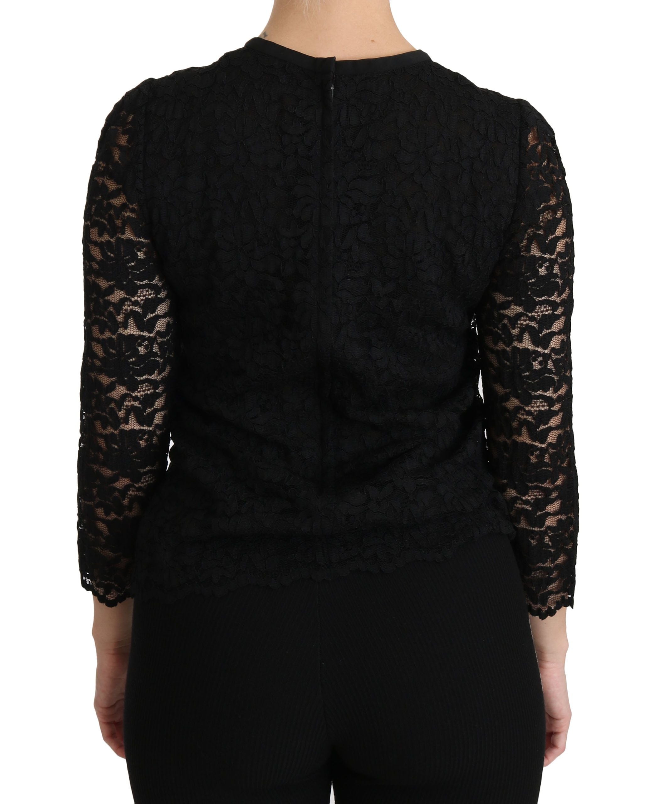 Zwarte kanten blouse met lange mouwen van nylon