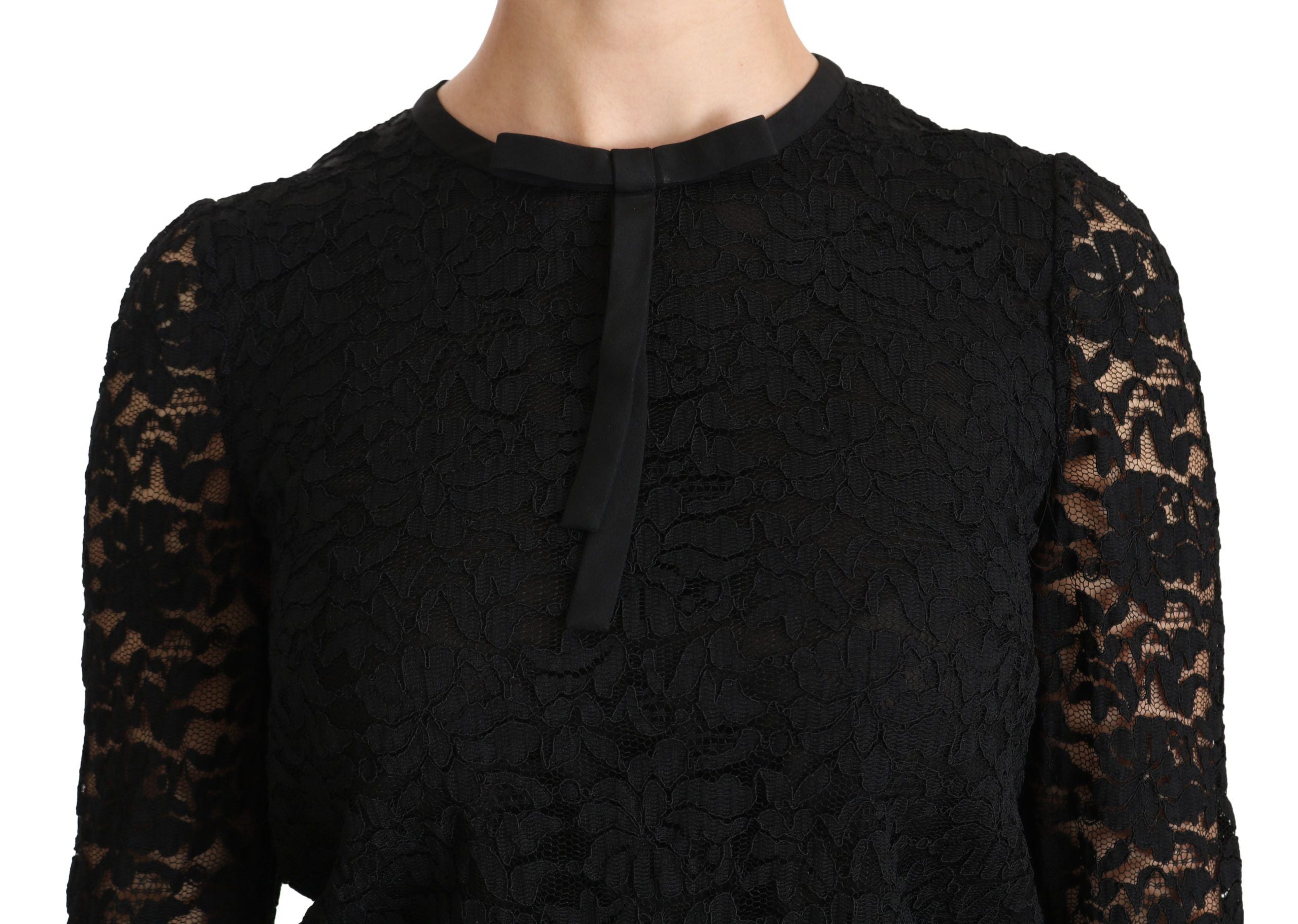Zwarte kanten blouse met lange mouwen van nylon