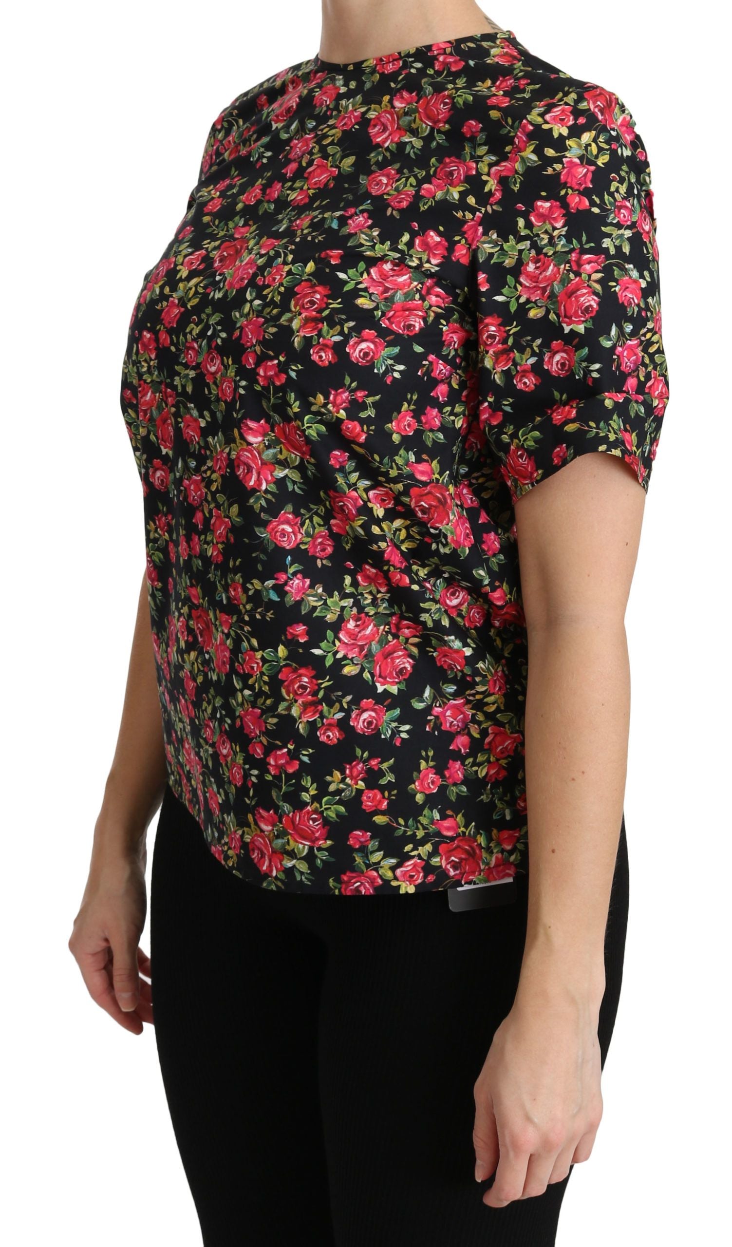 Zwarte blouse met korte mouwen en bloemenprint