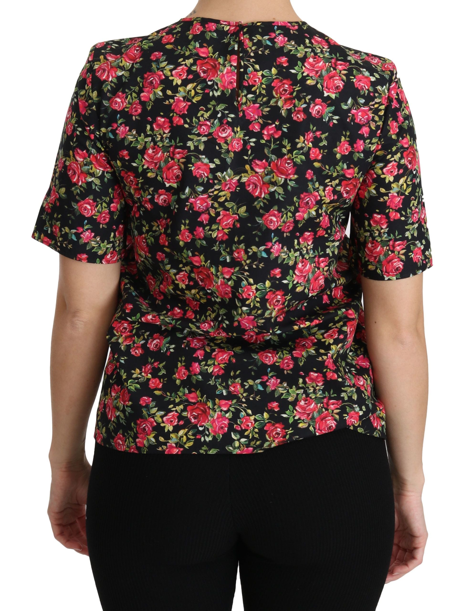 Zwarte blouse met korte mouwen en bloemenprint