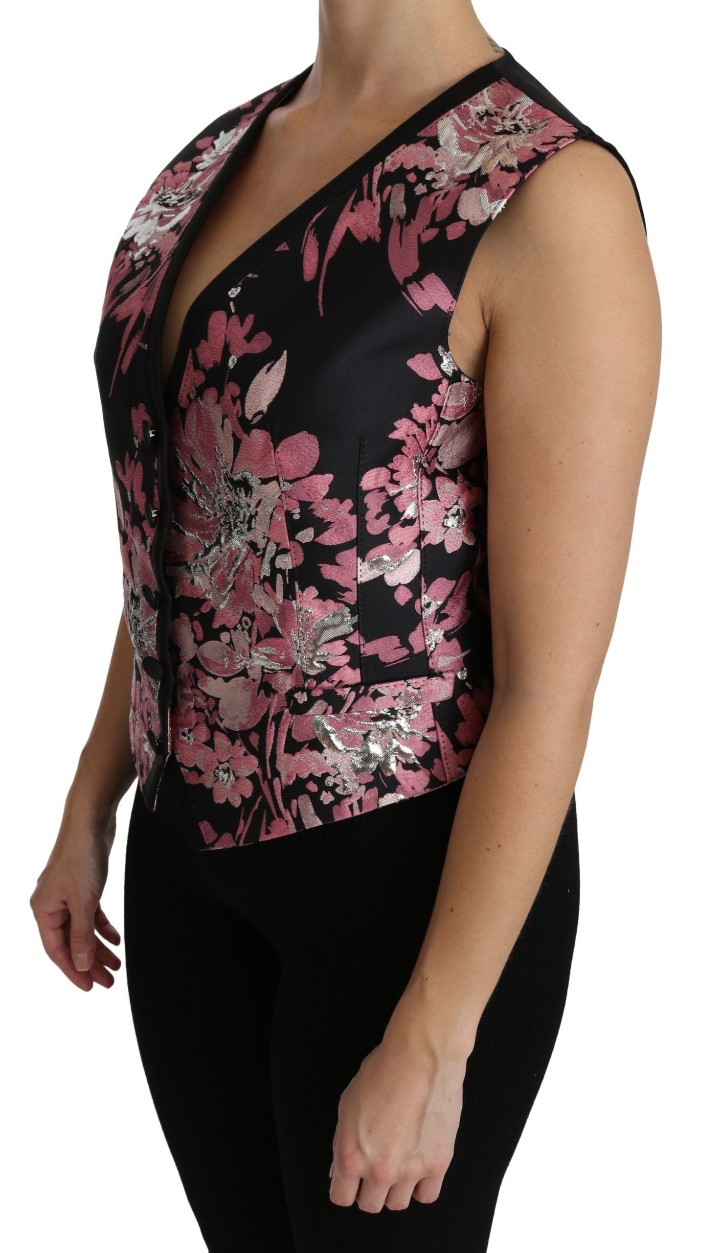 Zwart roze bloemen gilet vest blouse top