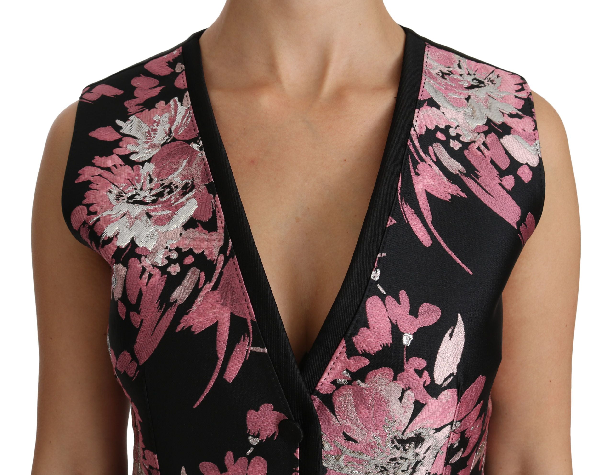Zwart roze bloemen gilet vest blouse top