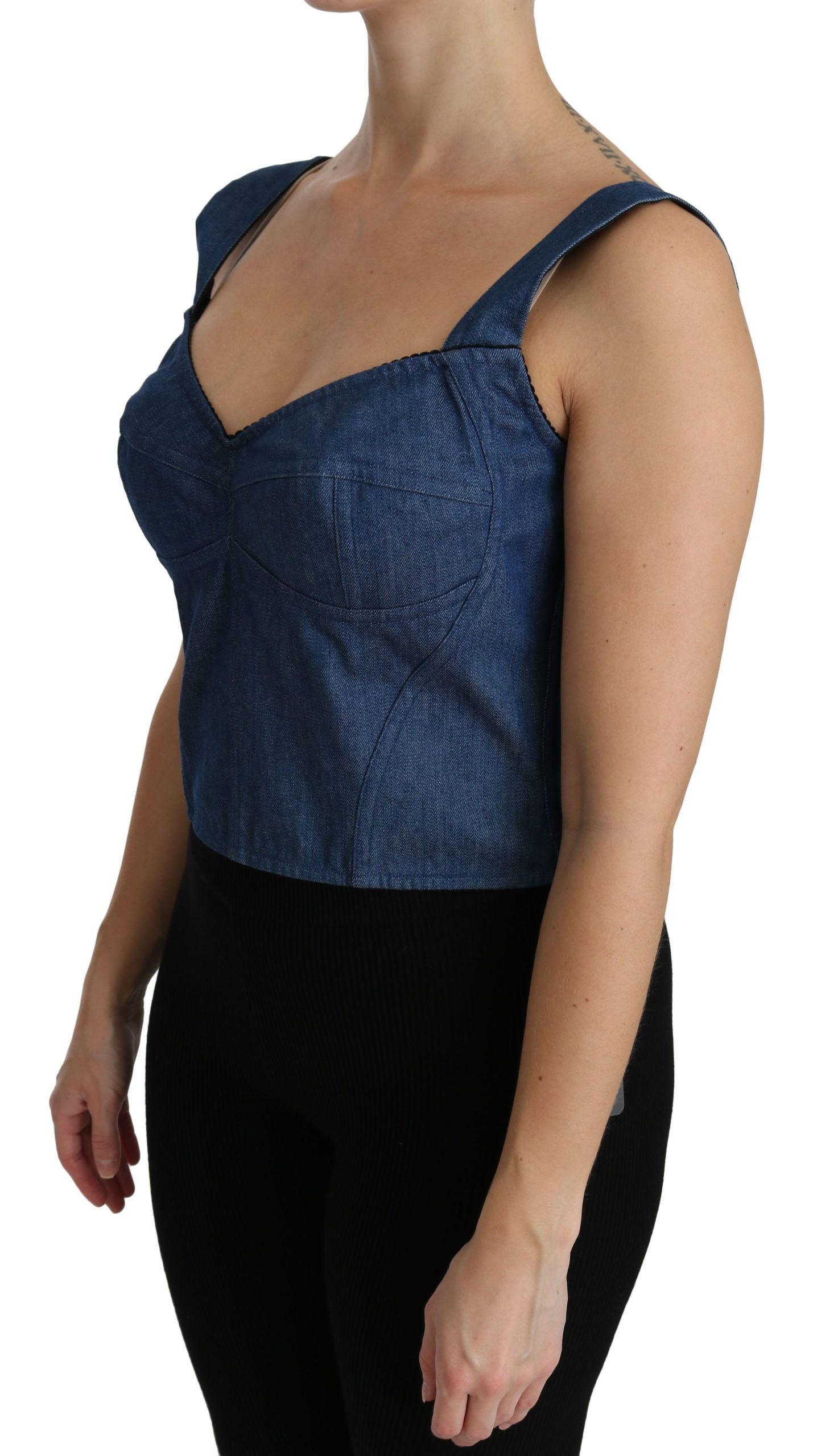Blauwe mouwloze bustier blouse katoenen top