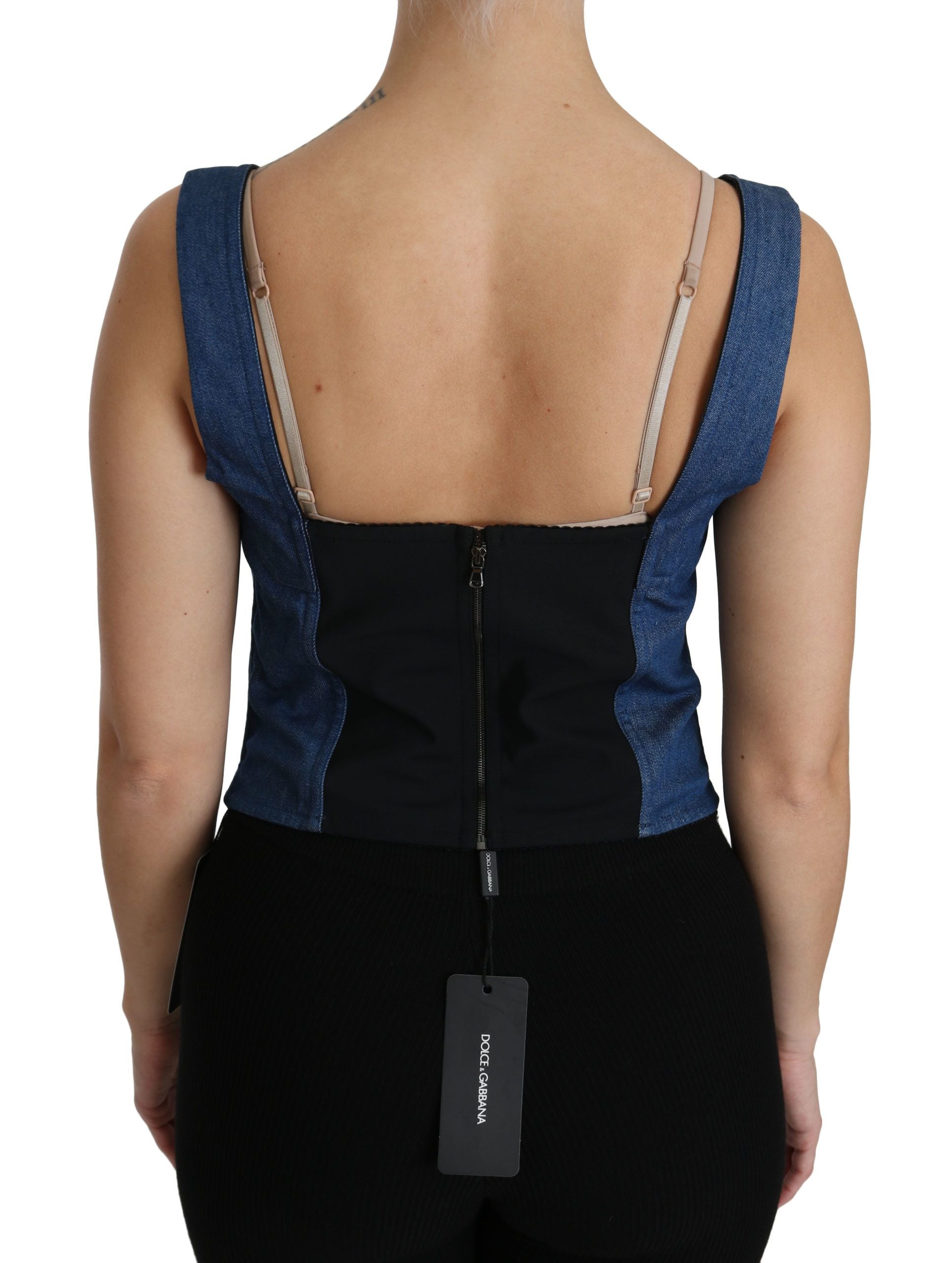Blauwe mouwloze bustier blouse katoenen top