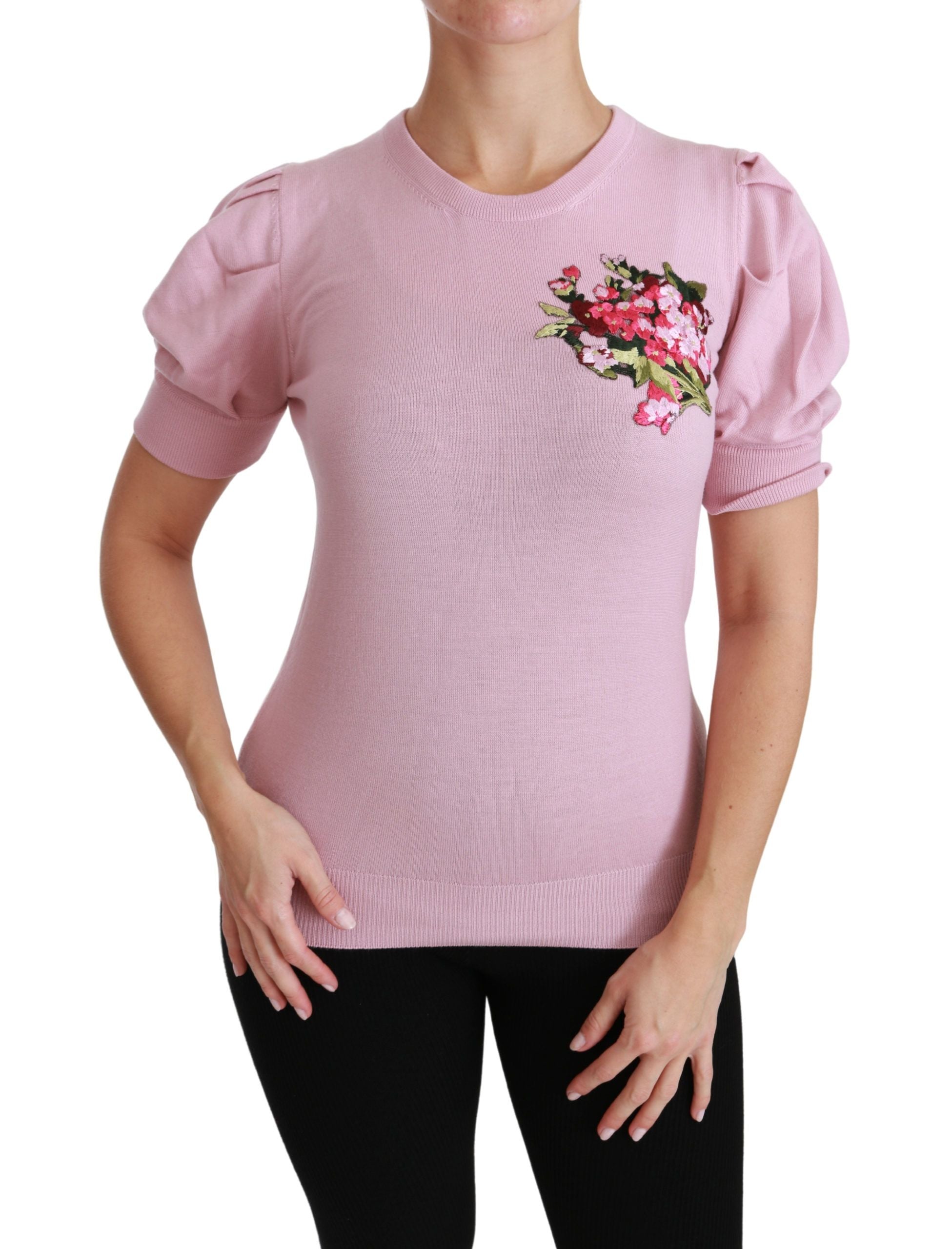 Roze blouse met geborduurde bloemen en wollen top