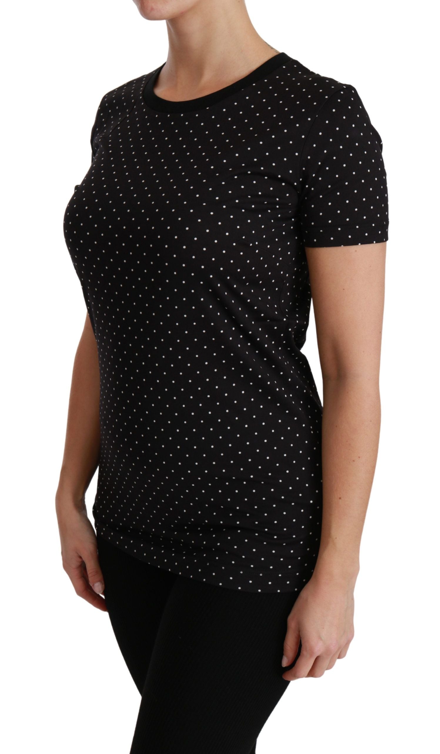Zwart gestippelde ronde hals katoenen top T-shirt
