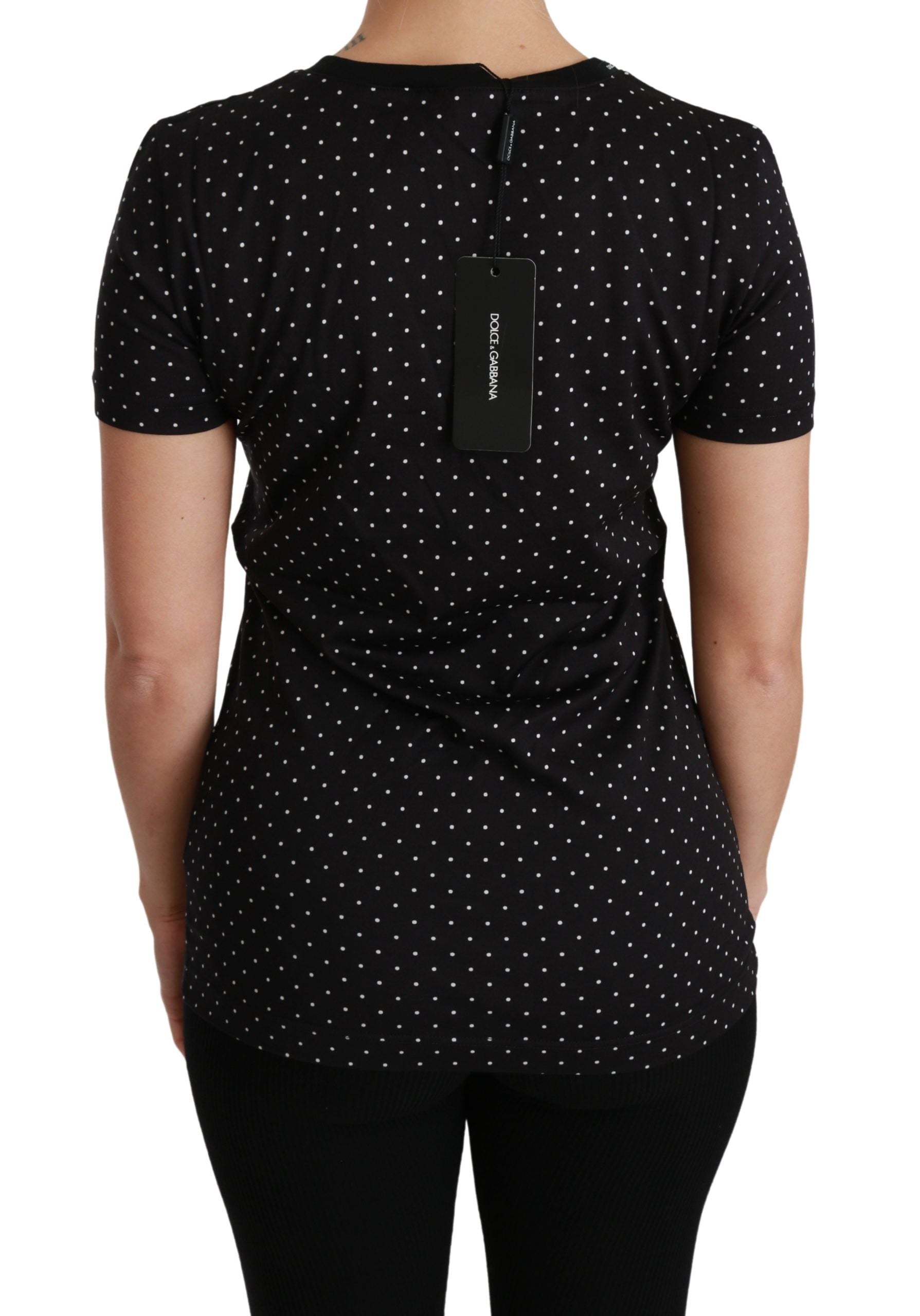 Zwart gestippelde ronde hals katoenen top T-shirt