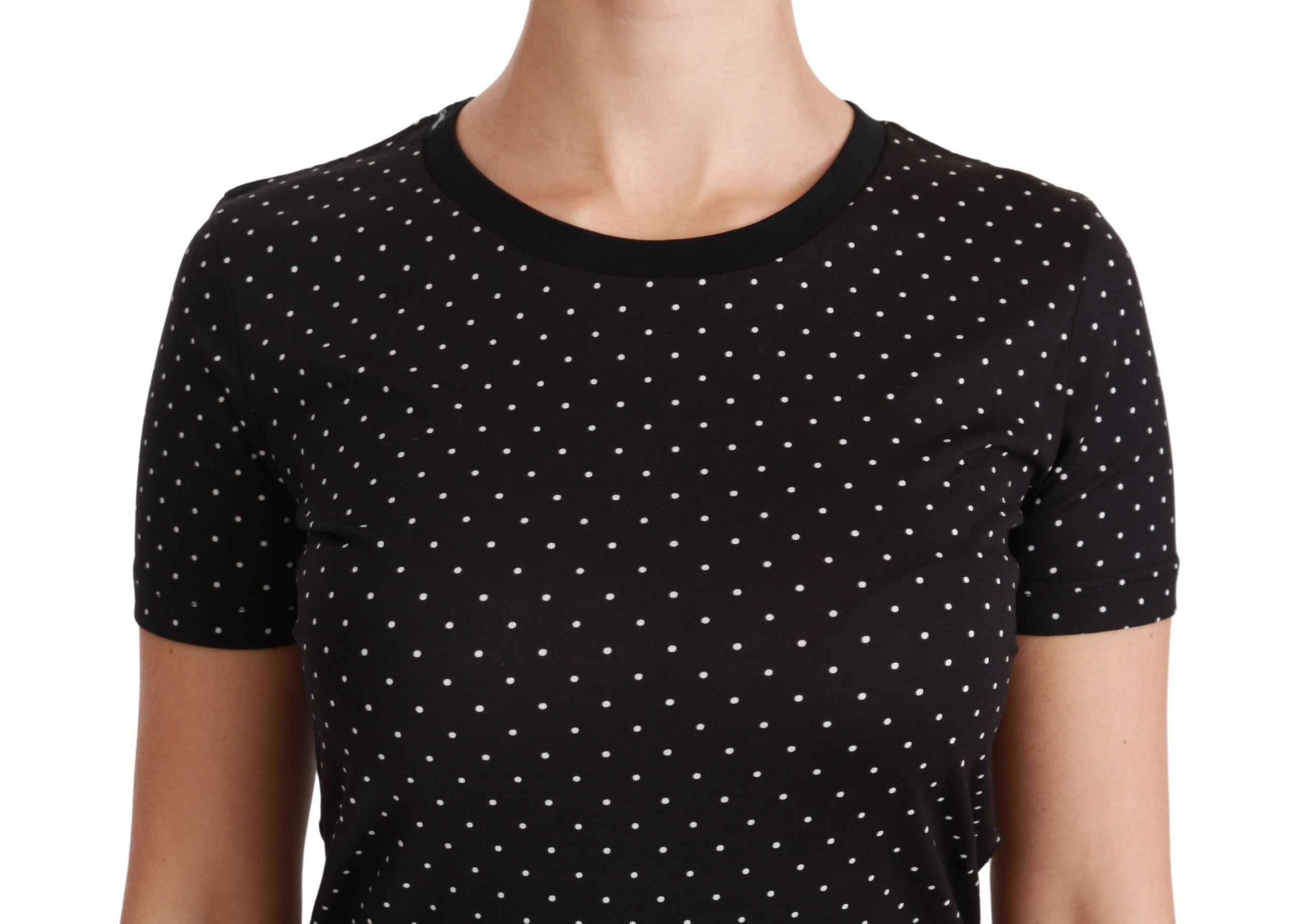 Zwart gestippelde ronde hals katoenen top T-shirt