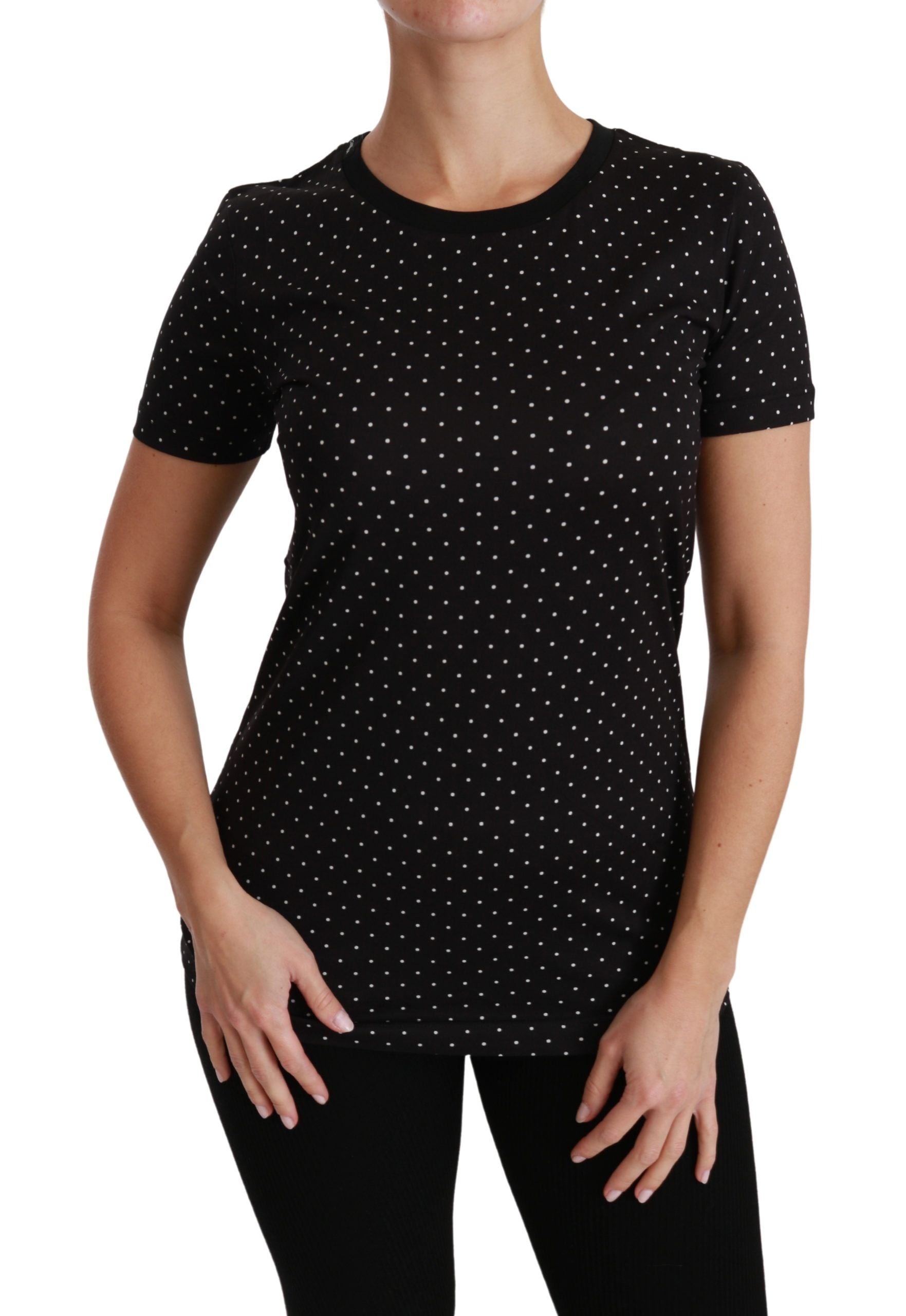 Zwart gestippelde ronde hals katoenen top T-shirt