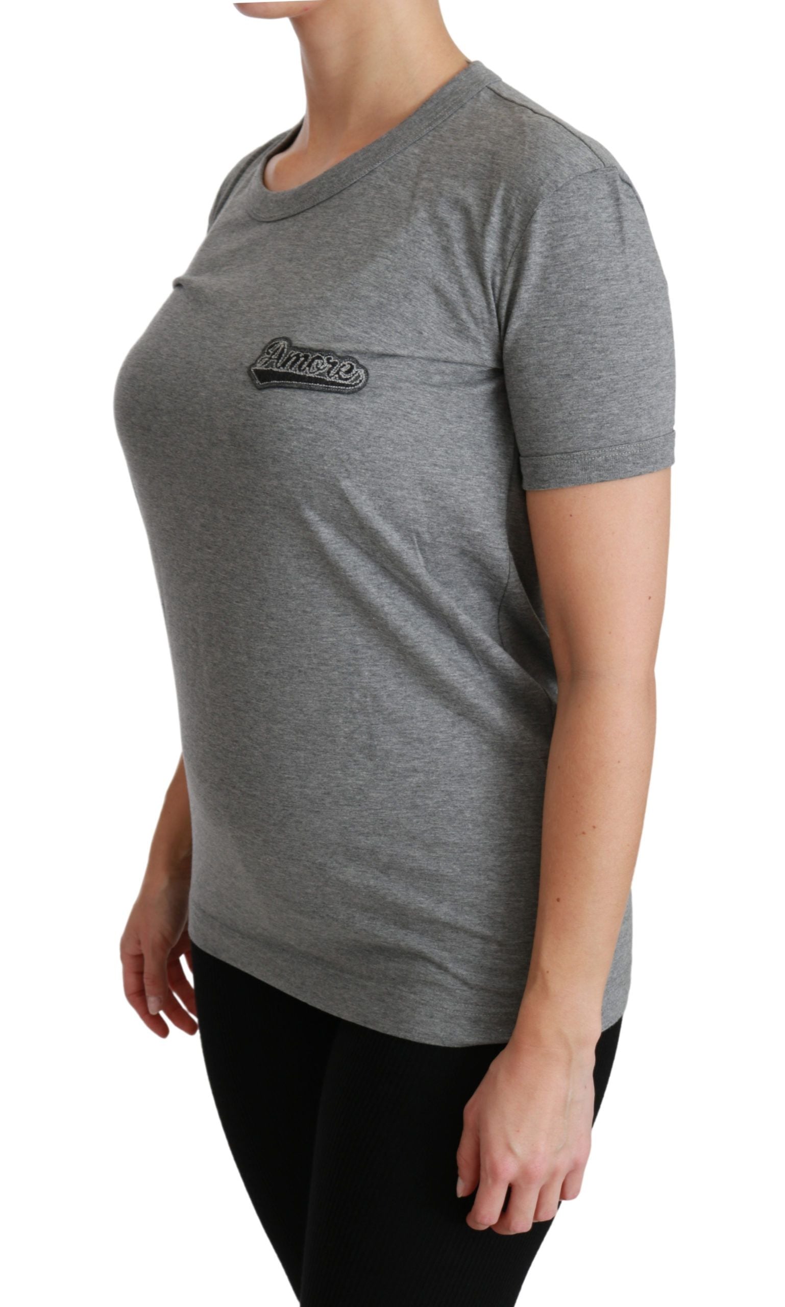 Grijs katoenen T-shirt met ronde hals en Amore-patch