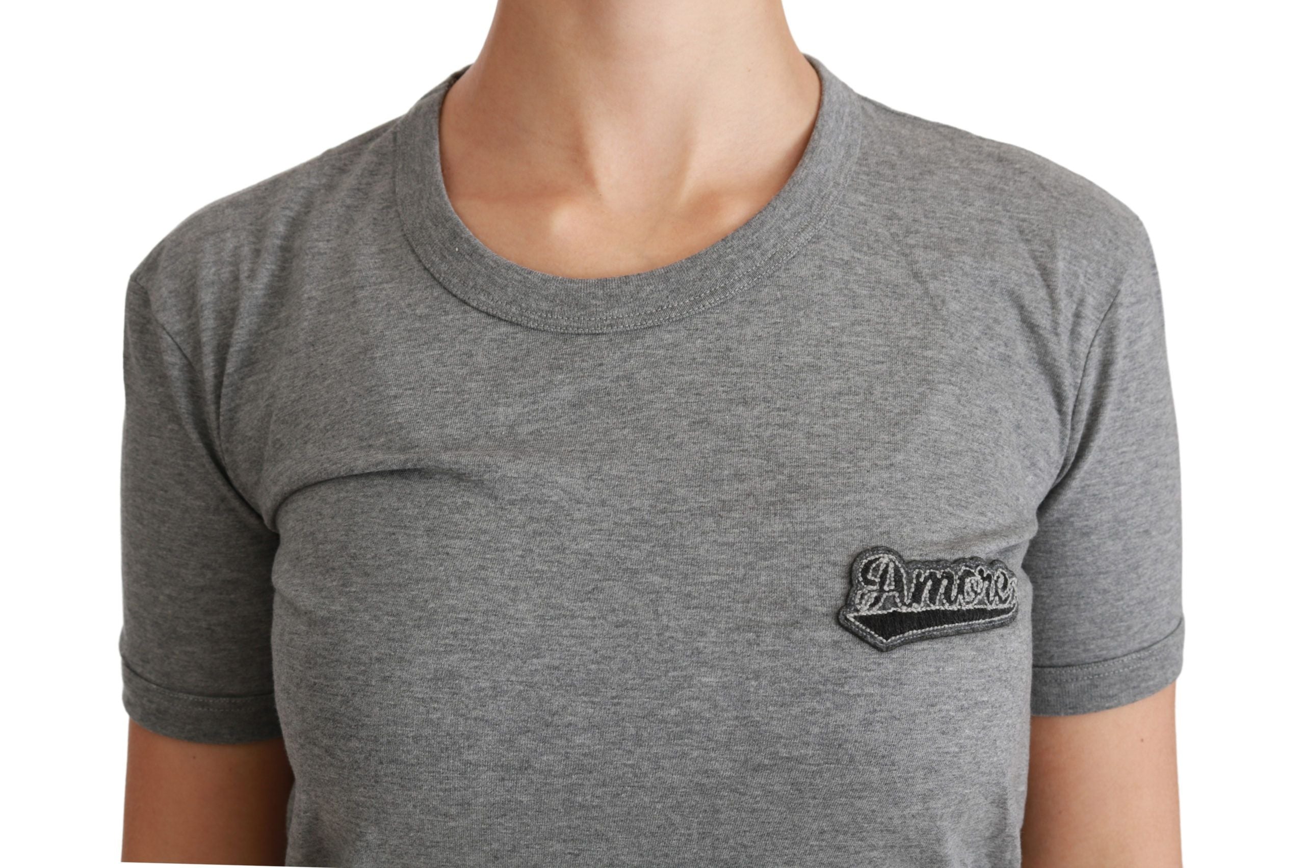 Grijs katoenen T-shirt met ronde hals en Amore-patch