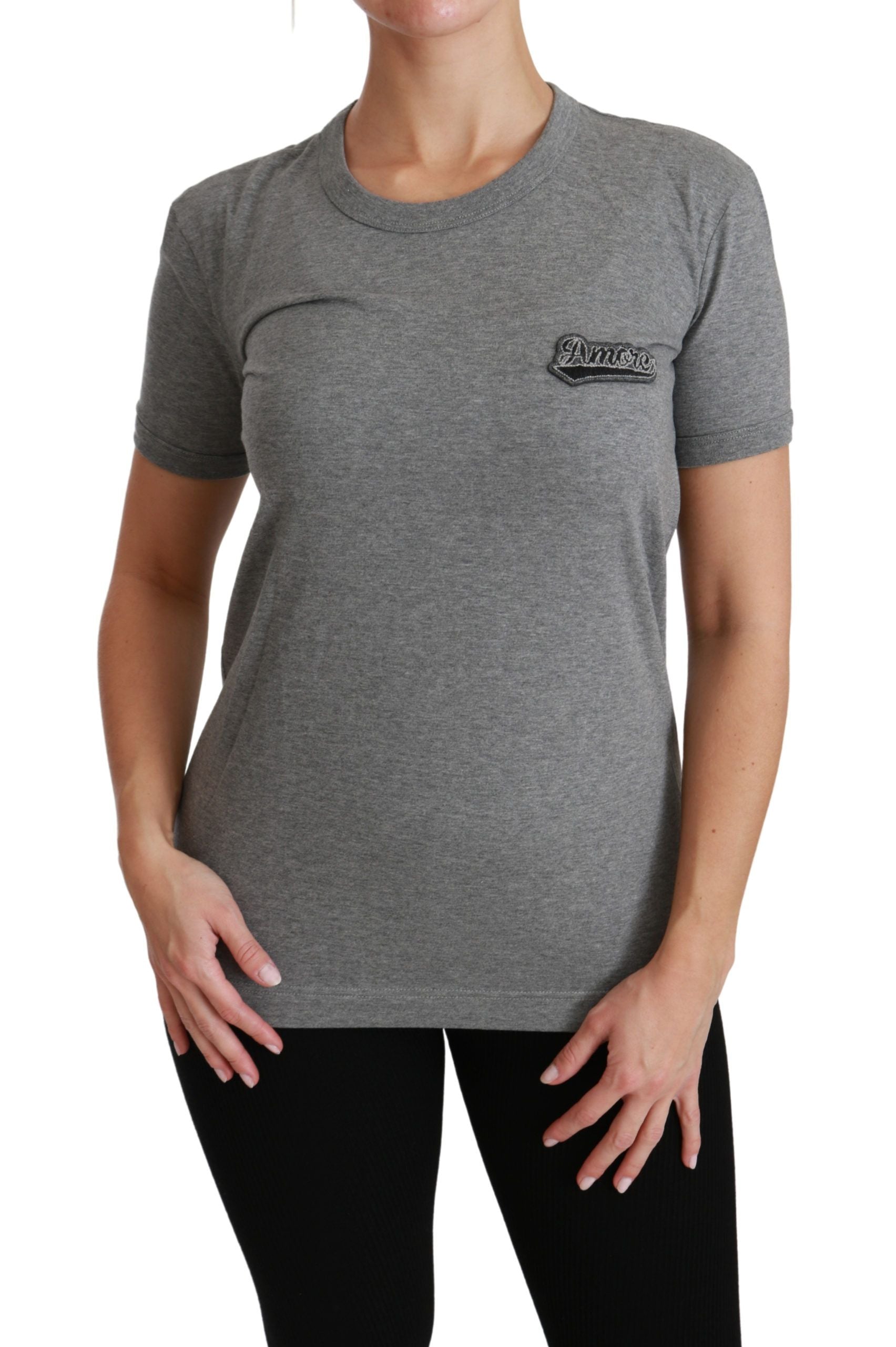 Grijs katoenen T-shirt met ronde hals en Amore-patch