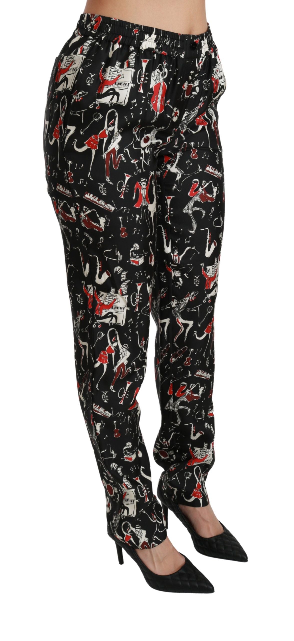 Zwarte zijden instrumentbroek met middelhoge taille