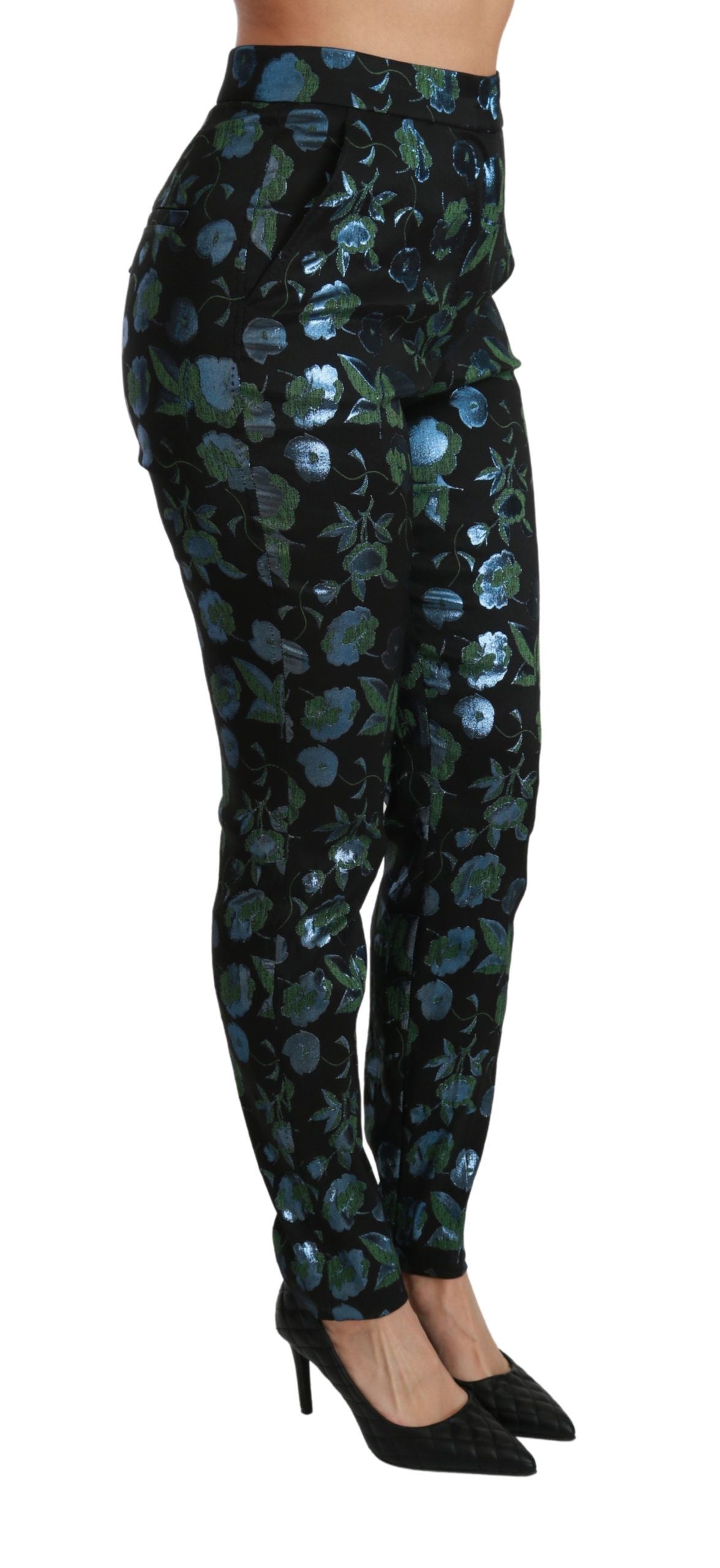 Blauwgroene bloemen metallic slanke broek