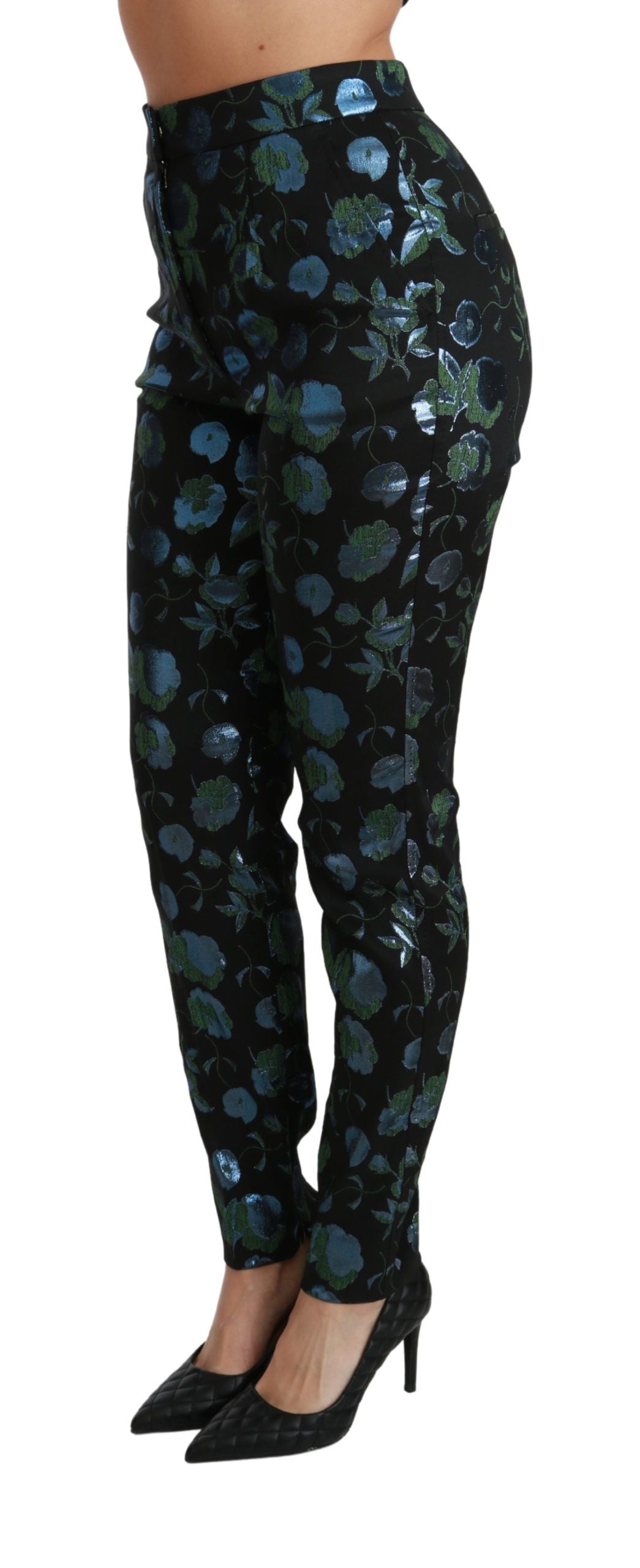Blauwgroene bloemen metallic slanke broek