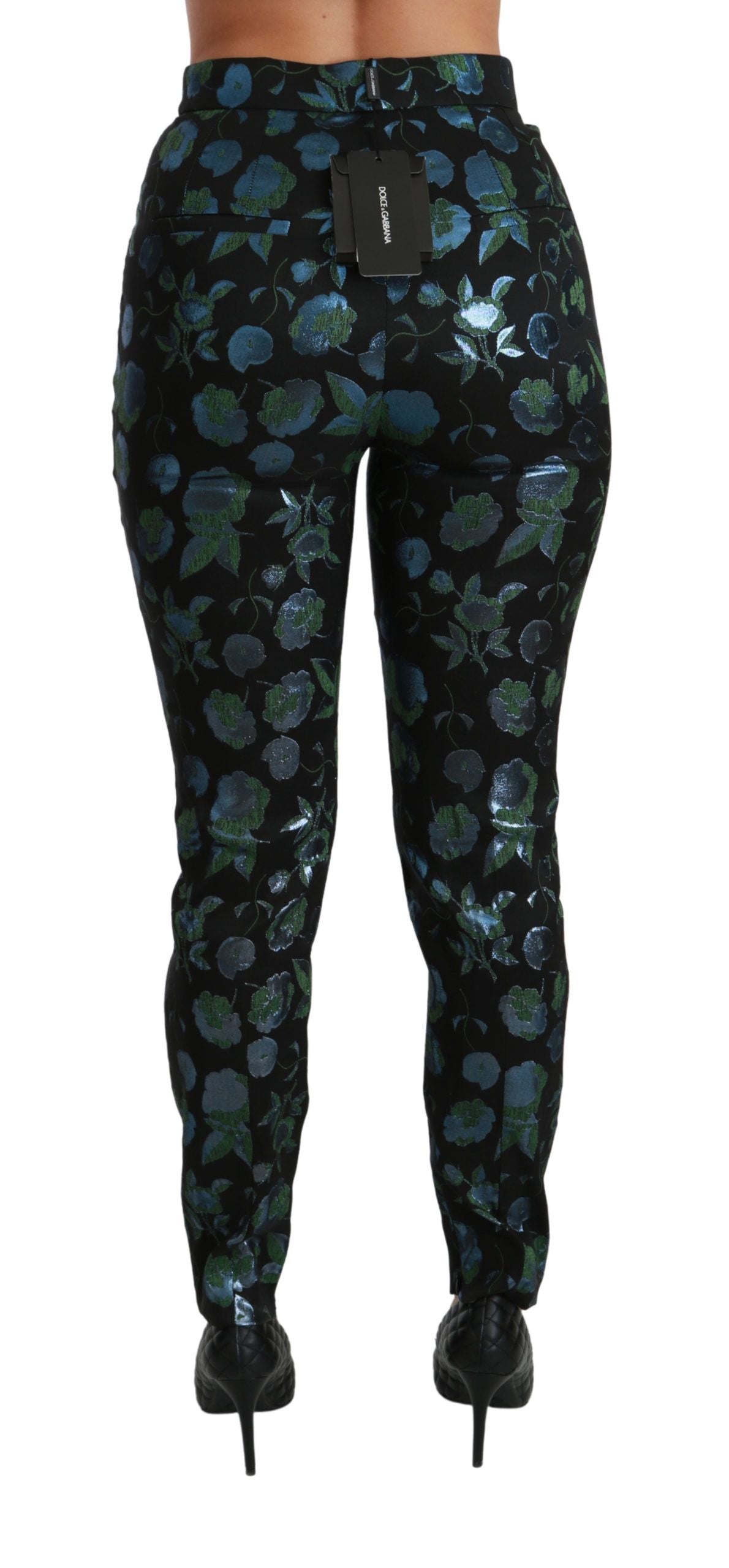 Blauwgroene bloemen metallic slanke broek